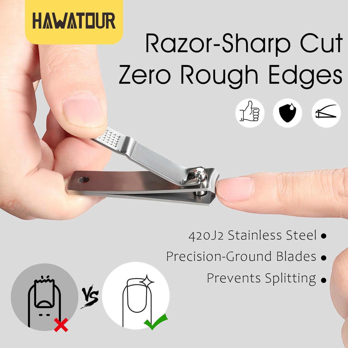 HAWATOUR Nail Clippers 3-Piece Kit, Ultra Sharp Fingernail Toenail Cutters with Separate Nail File, Compact Tin Case, Silver