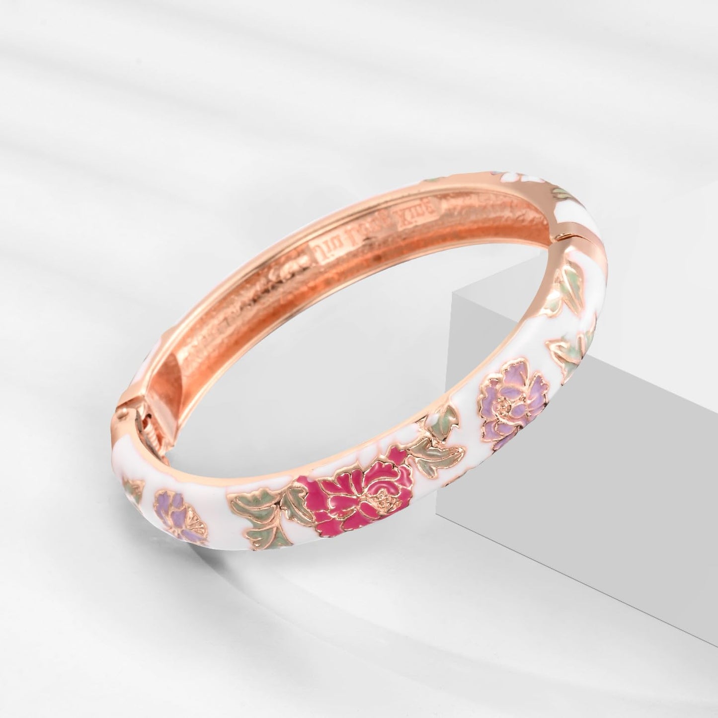 UJOY Vintage Cloisonne Bracelets Flower Enameled Jewelry Plated Cuff Bangle for Women Gift Box 55A35-55A113 Pink White