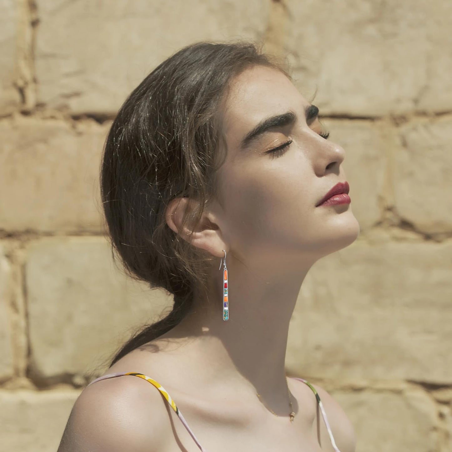 Phyonio Turquoise Earrings for Women 925 Sterling Silver Multicolor Gemstones Dangle Earrings Bohemian Style Statement Bar Earrings Dangle Earrings for Women Summer Earrings Valentines Gifts