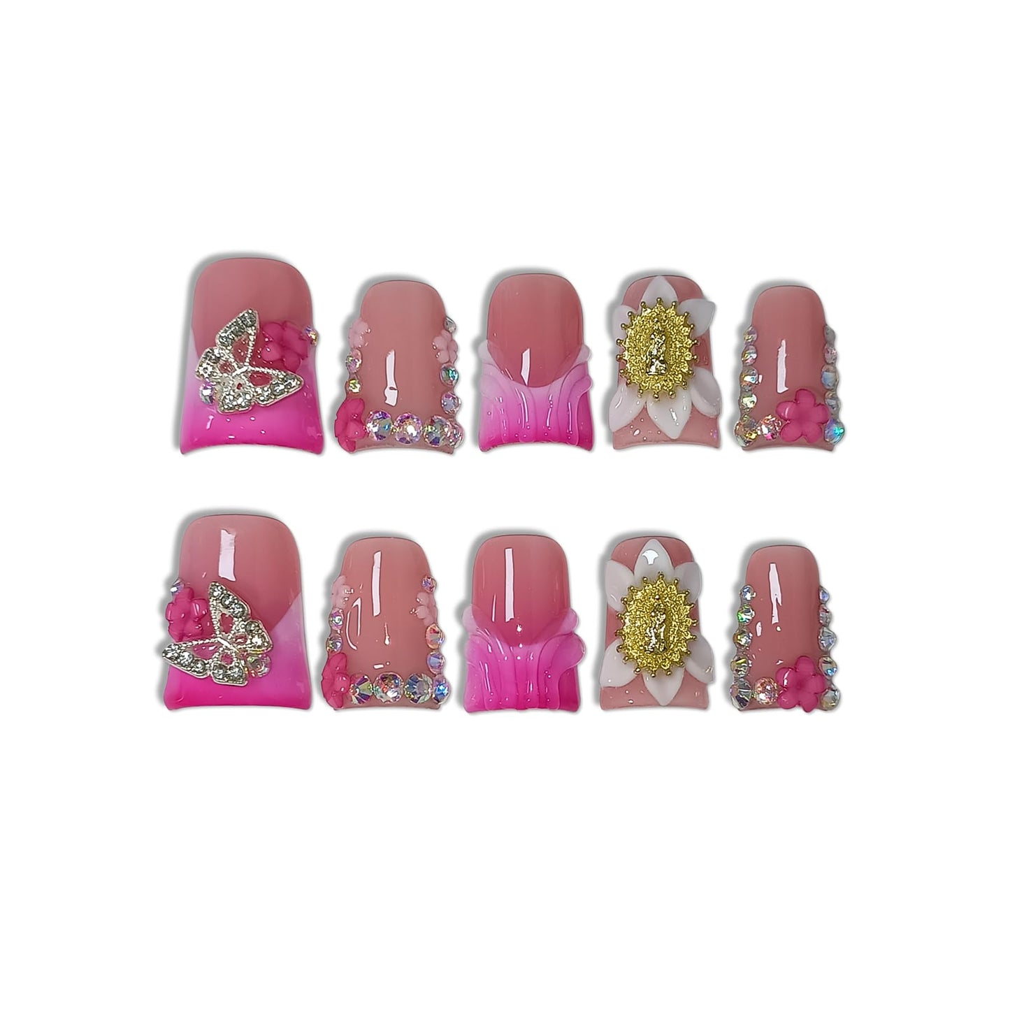 TENPAL Duckbill Press on Nails,Glossy Pink French Tip Fake Nails with 3D Butterfly & Rhinestone Design,10PCS Glitter False Nails for Everyday Wear Party Vacation Work,Duck Shape Glue on Nails(L)