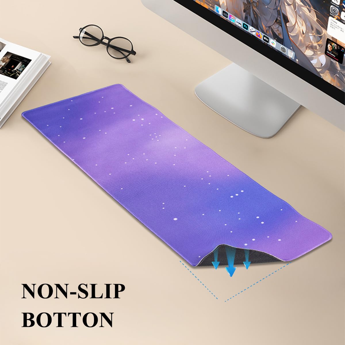 Gaming Desk Mat with Keyboard Wrist Rest Set, 4 in 1 Large Mouse Pad & Cloud Keyboard Wrist Rest& Mouse Wrist Rest&Coaster, Comfort and Support for Typing and Gaming(Purple Starry Night)
