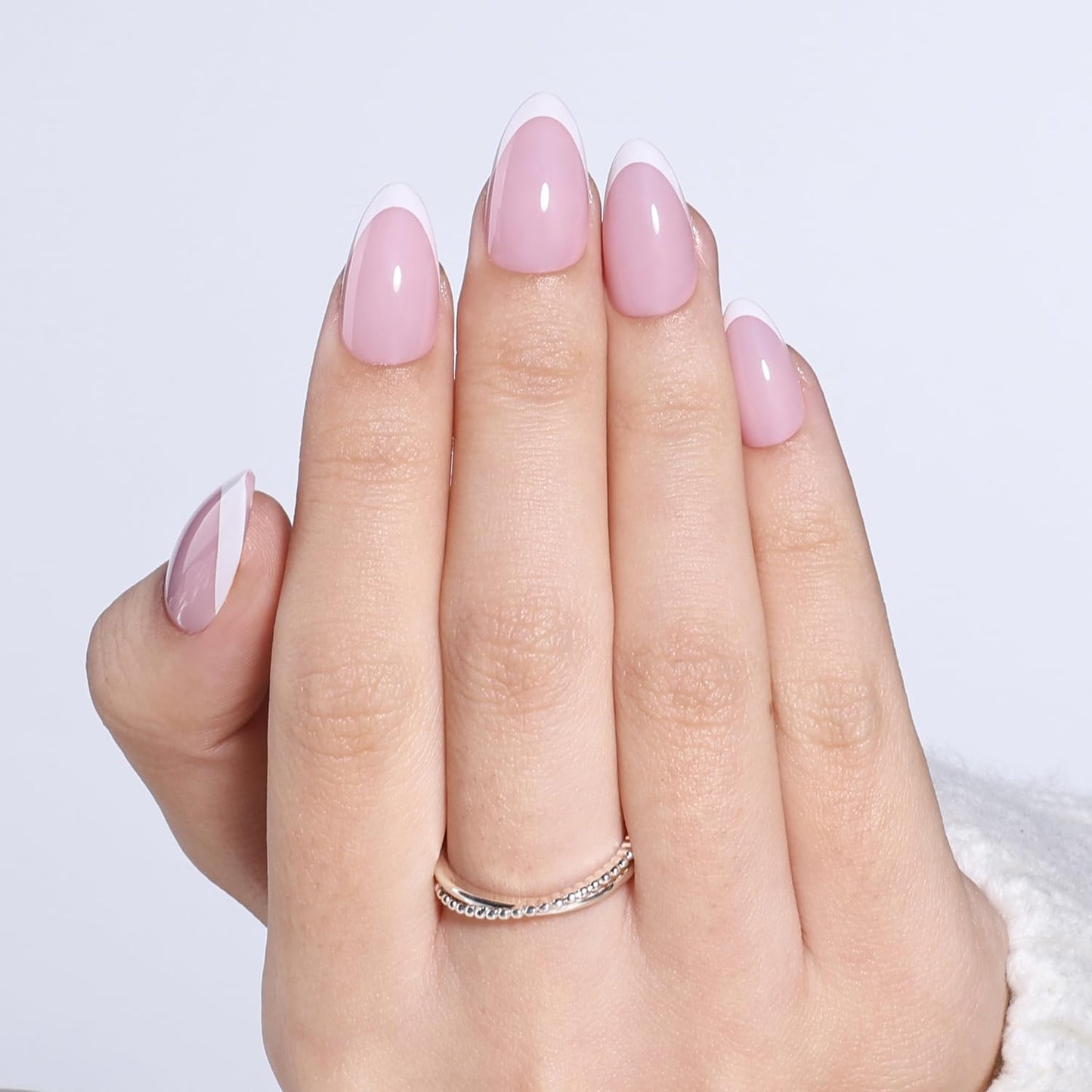 White French Tip Press On Nails - Pink Short Almond Fake Nails, White Press On Nails Reusable Stick On Nails in 16 Sizes, 32pcs False Nail Kit for Women & Girls