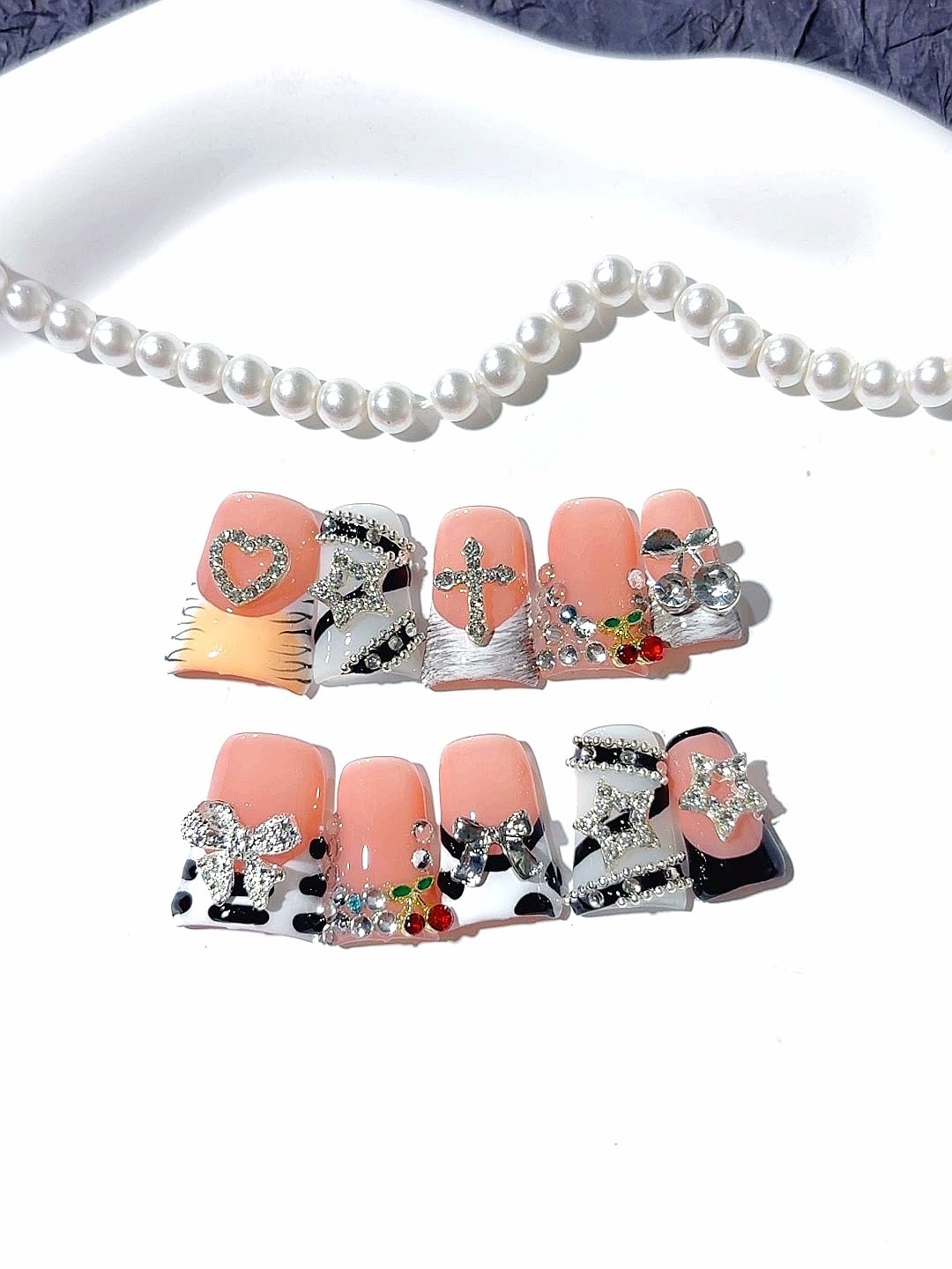 Handmade Press On Nails Set, Pink Cow Print Design with Rhinestone Heart Cross Cherry Decorations, Stiletto Shape False Nails, 10 Pieces (L260, Long)
