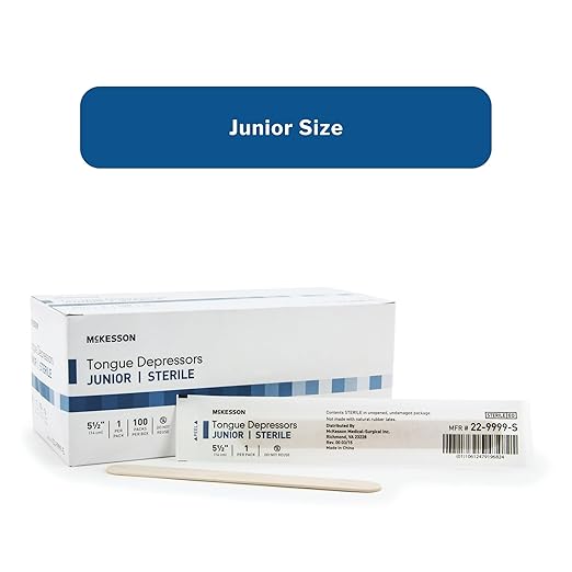 McKesson Tongue Depressors [1000 Count] Junior Size, Sterile, Individually Wrapped, Wood, Unflavored, Splinter-Free, 5.5 in - Use for Medical, Arts, Crafts, Spa - 100 Count, Pack of 10