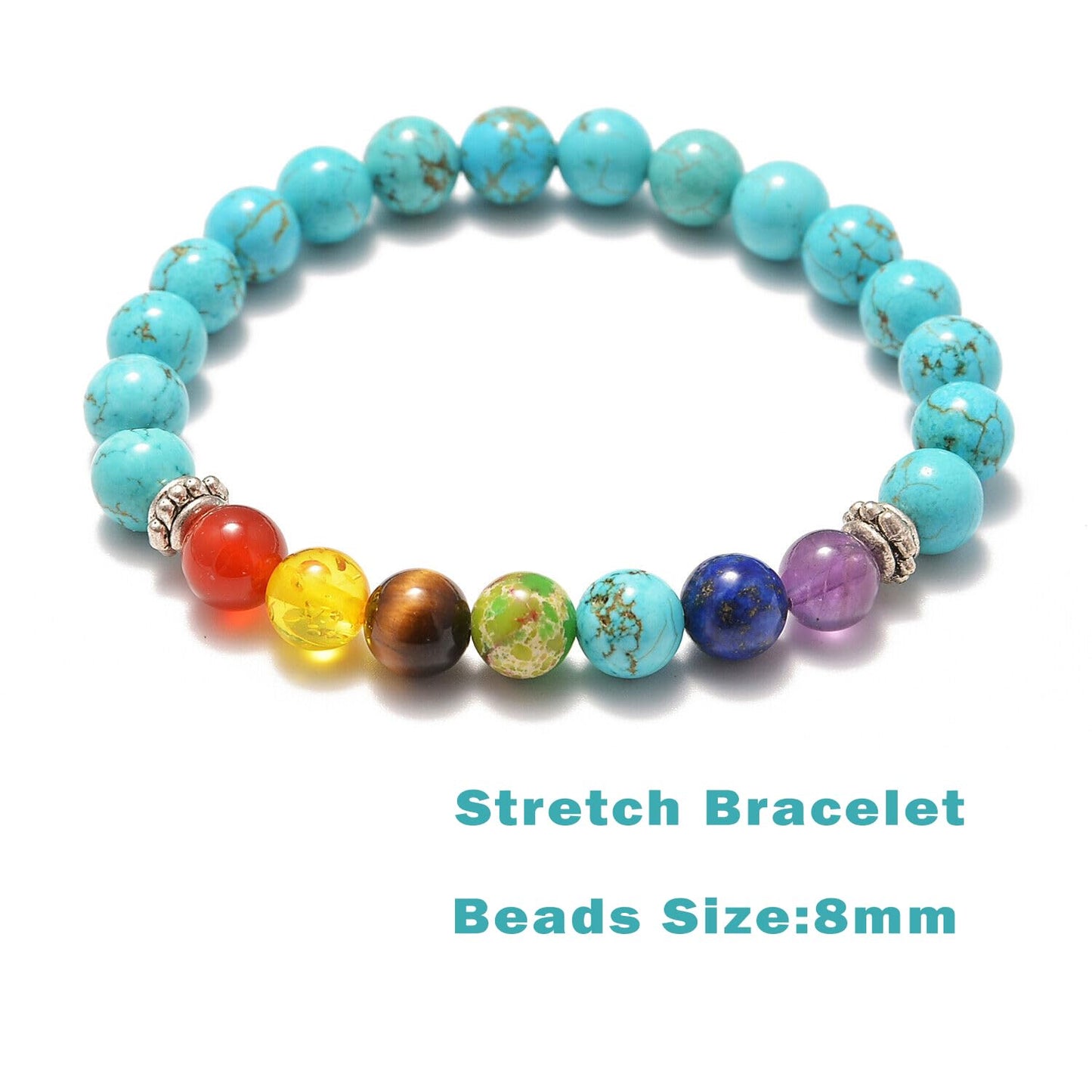 AD Beads 2Pcs His & Hers Distance Beads Bracelets Elastic Natural Stone Yoga Bracelet (7 Chakras-Blue Turquoise)