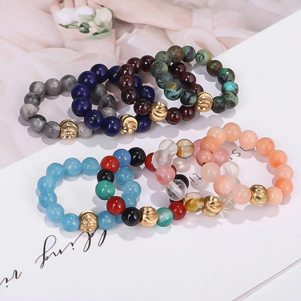 oasymala 4mm Handmade Healing Stone Beads Ring with Elastic Stretchy Cord, One Size Fits Most (Labradorite)