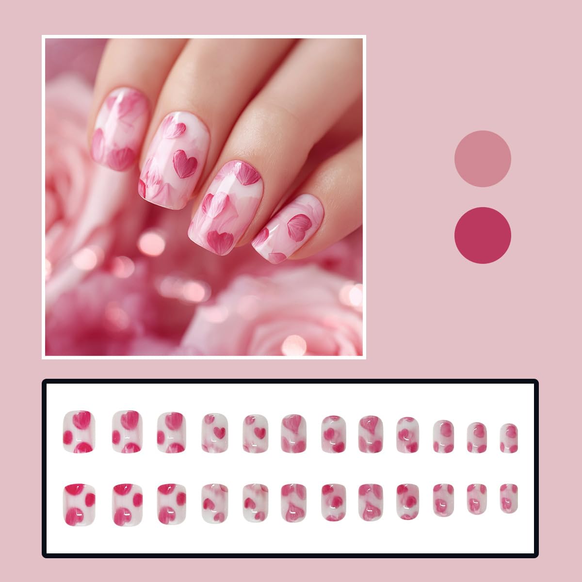 Pink Hearts Press on Nails Short Square Valentine's Day Glossy Acrylic Fake Nails Gradient Pink Stick on Nails for Women DIY Manicure Valentines Nail Decorations Supplies 24Pcs