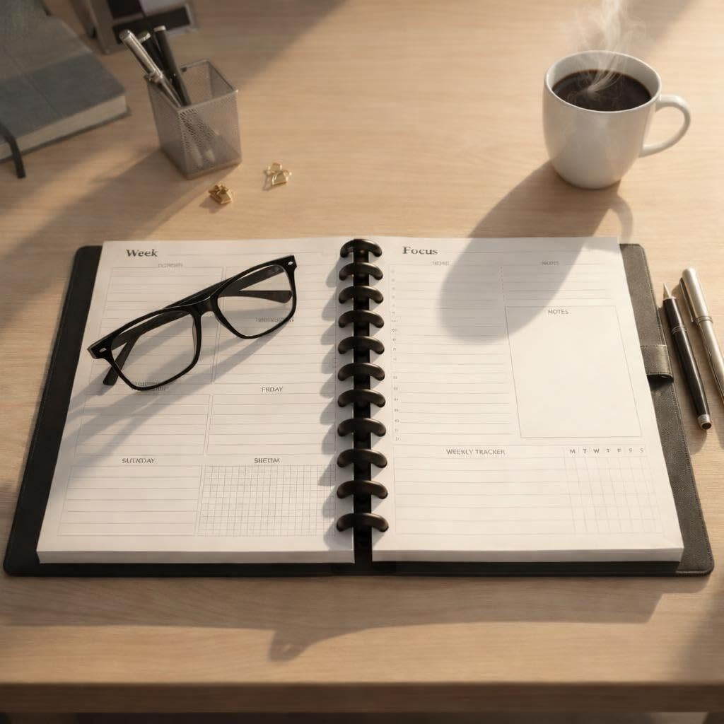 Undated Deluxe Discbound Planner in Gift Box, Letter Size PU Leather Cover – Monthly & Weekly Layout, Goal Setting, Habit Tracking, Refillable Organizer by FeroniArt (Black, Letter)