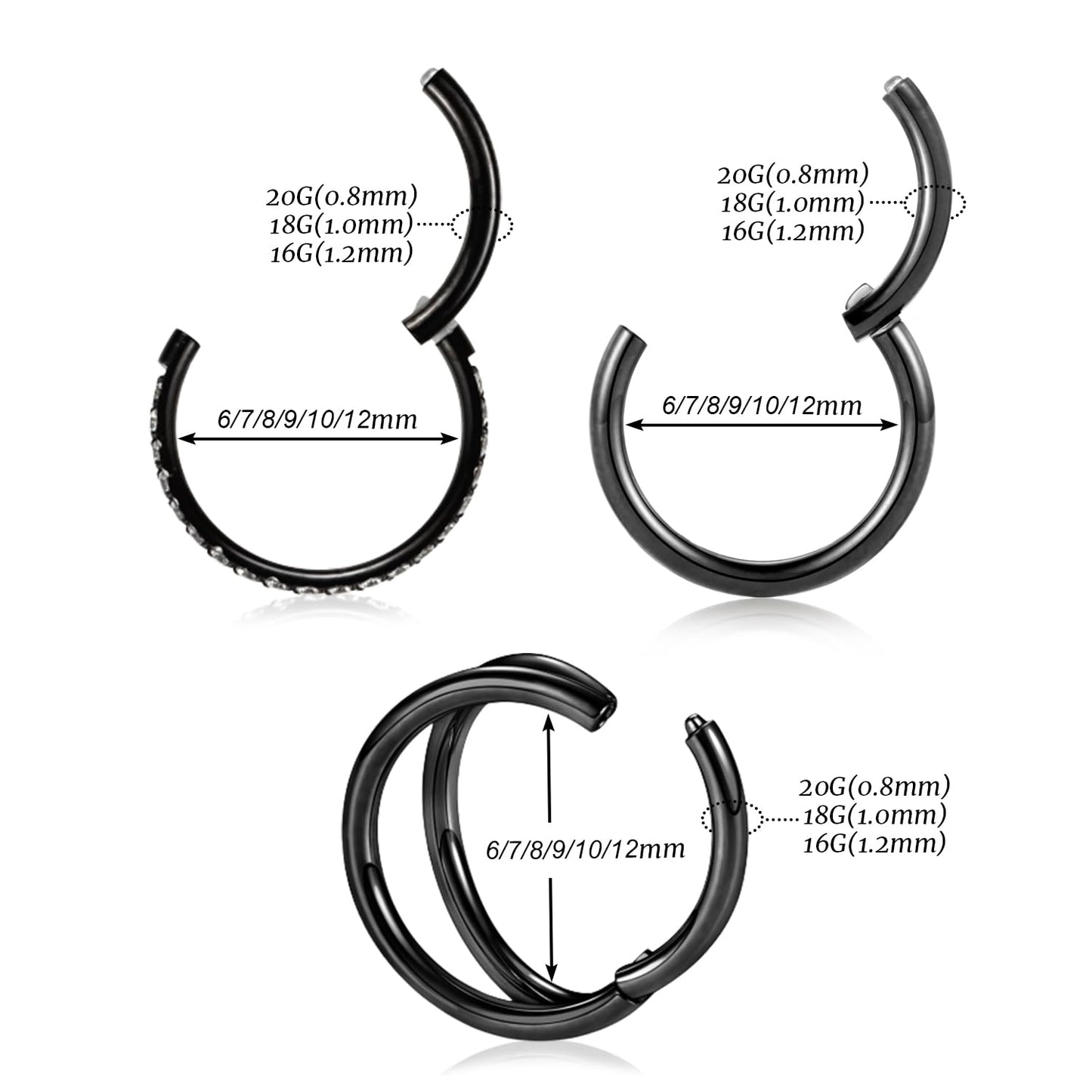 GAGABODY Conch Piercing Jewelry Nose Ring Hoop Earrings 20g Nose Hoop Black 6mm Septum Jewelry Surgical Steel Septum Ring with CZ Septum Clicker Lip Rings Helix Earring Double Hoop Cartilage Earring