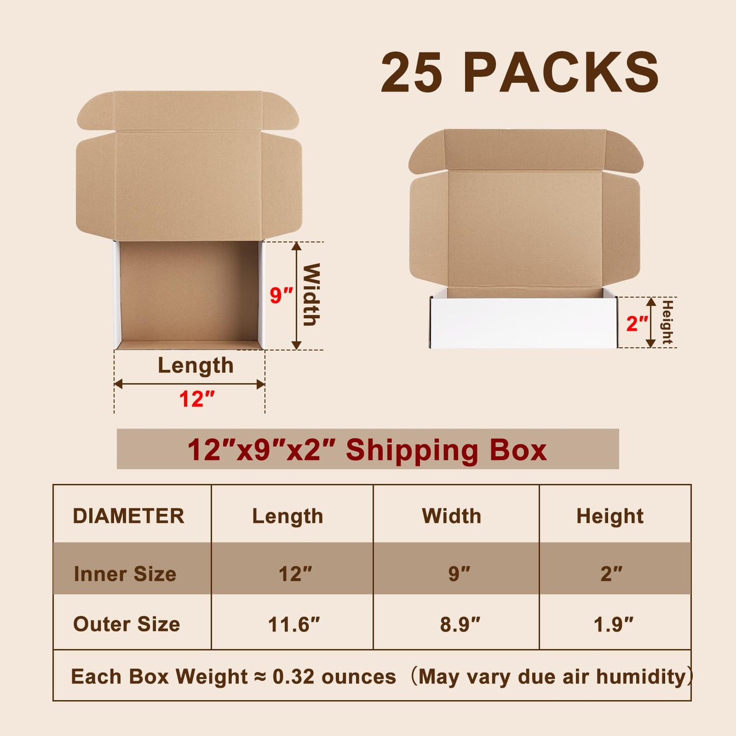 Hguba 12x9x2 Inches Shipping Boxes Set of 25, White Corrugated Cardboard Box, Mailer Boxes for Small Business