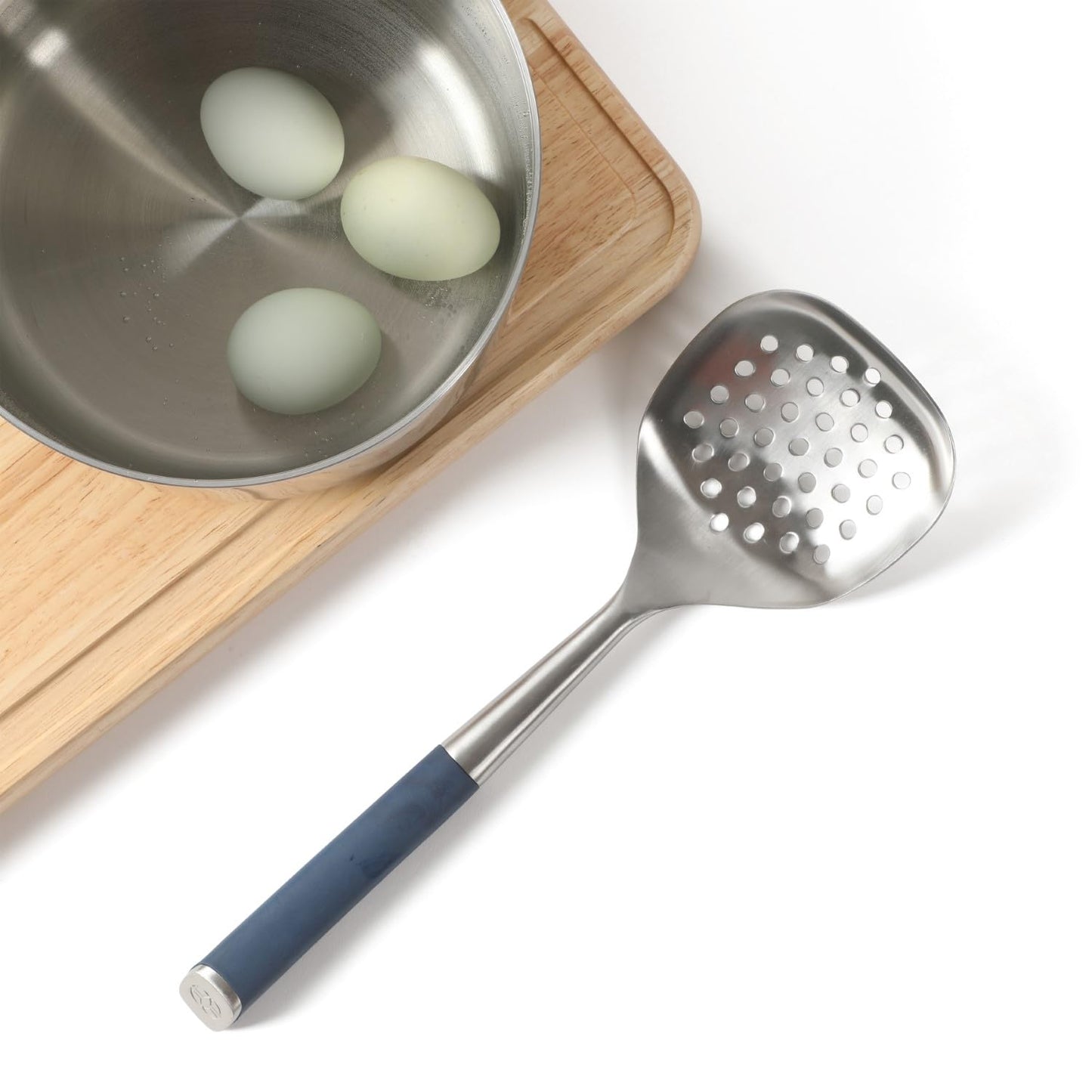 Calphalon Edge Stainless Steel Slotted Spoon/Skimmer with Navy Blue Handle, Slotted Cooking Tool for Draining and Skimming, Heat-Resistant, Durable Kitchen Utensil for Everyday Use