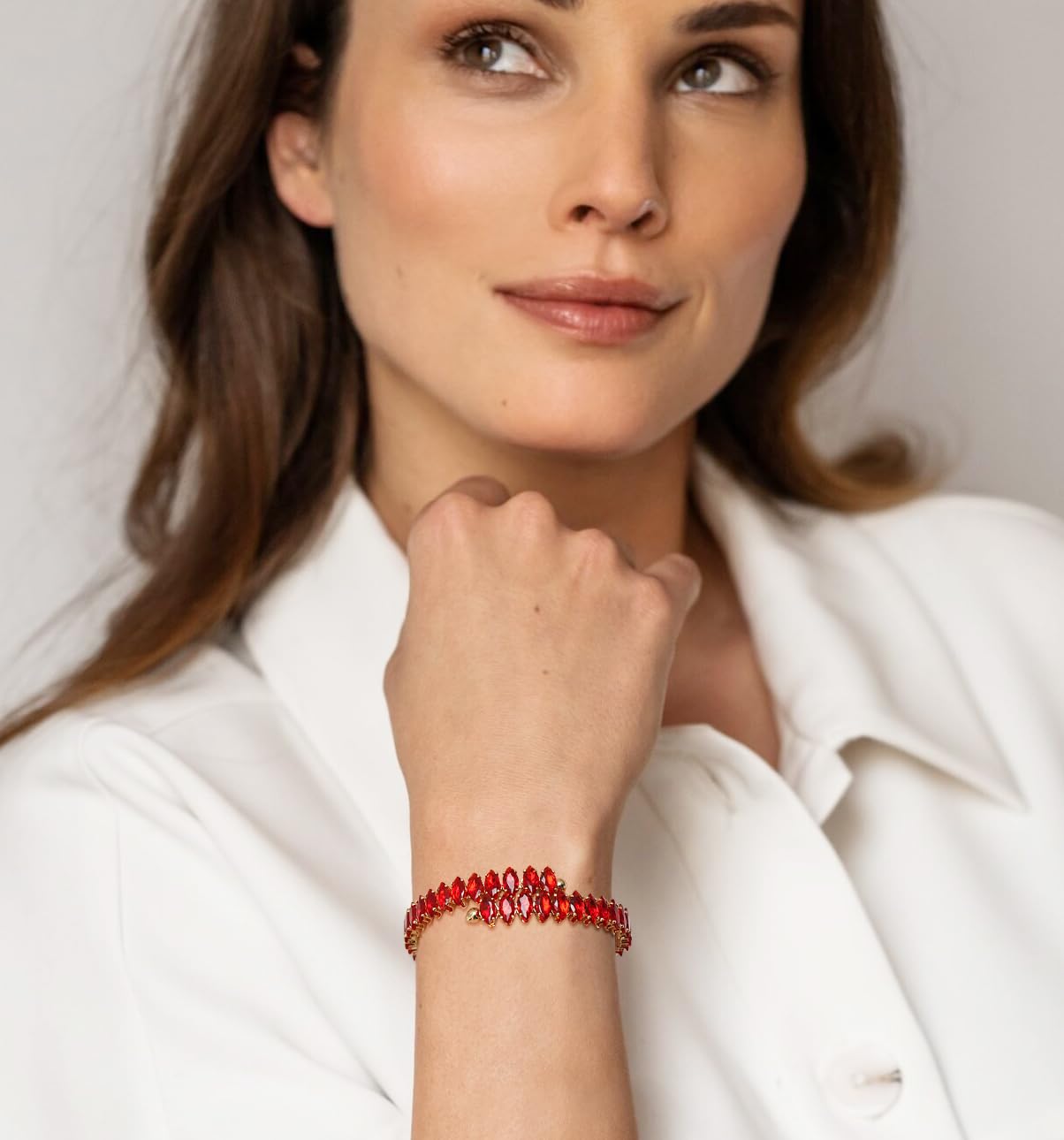 Wovanoo Rhinestone Cuff Bracelet Cubic Zirconia Tennis Bracelets Open Adjustable Bangle for Women Gold Red