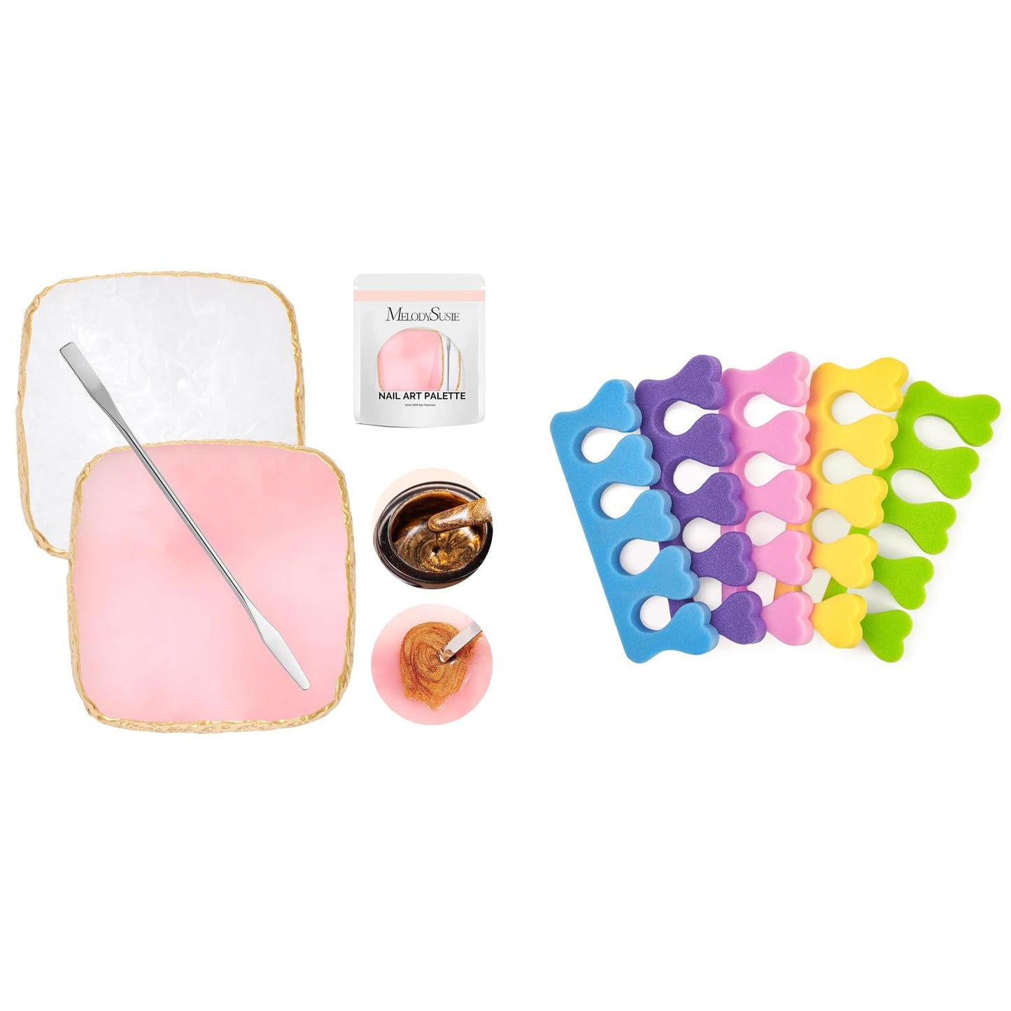 MelodySusie 2PCS Square Shape Resin Nail Art Palette Set with Stainless Steel Mixing Stick MelodySusie 50 Pcs Sponge Toe Separators Set