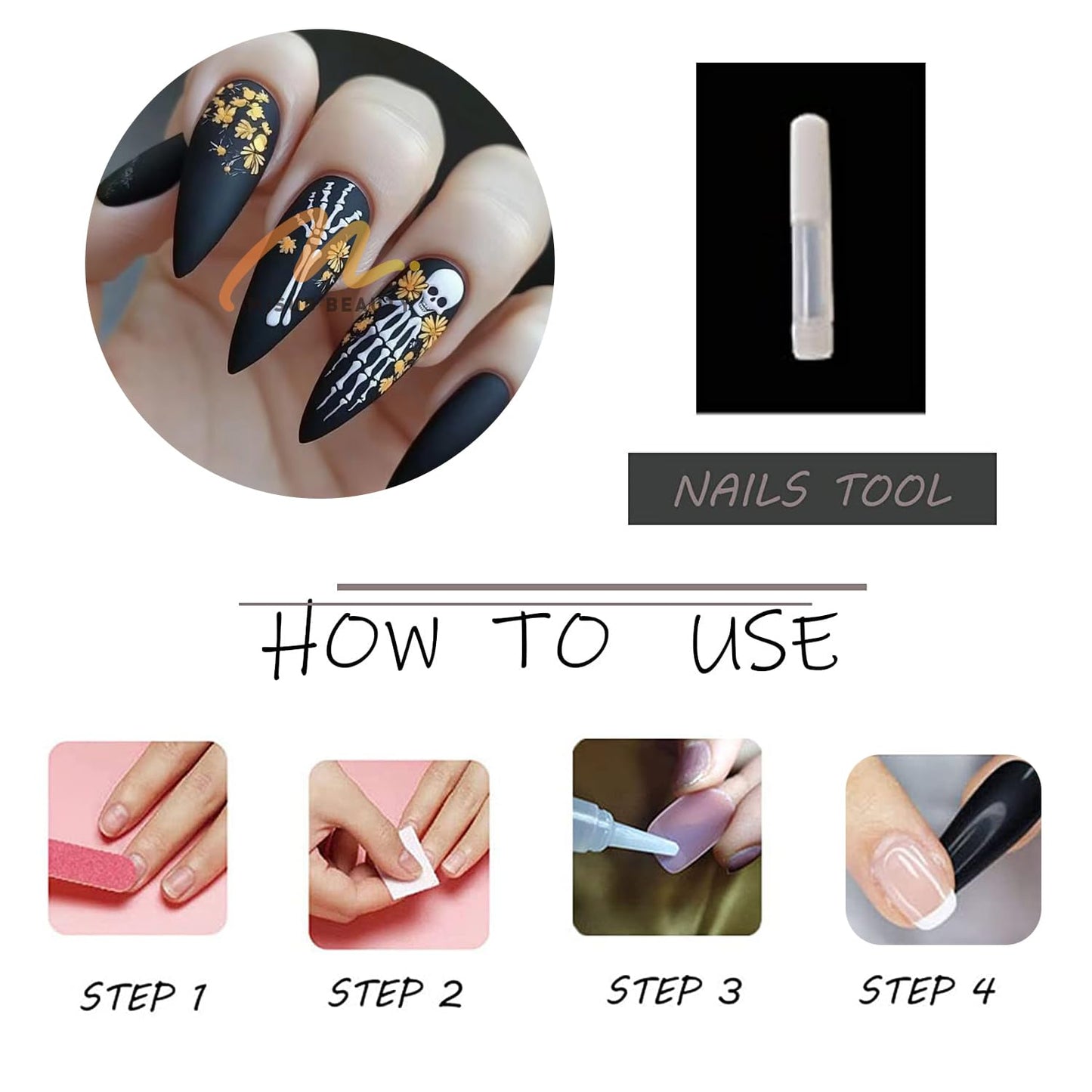 MISUD Press on Nails - Medium Almond Glue on Nails with Goth Black, Acrylic Gothic Skull Design 24 pcs