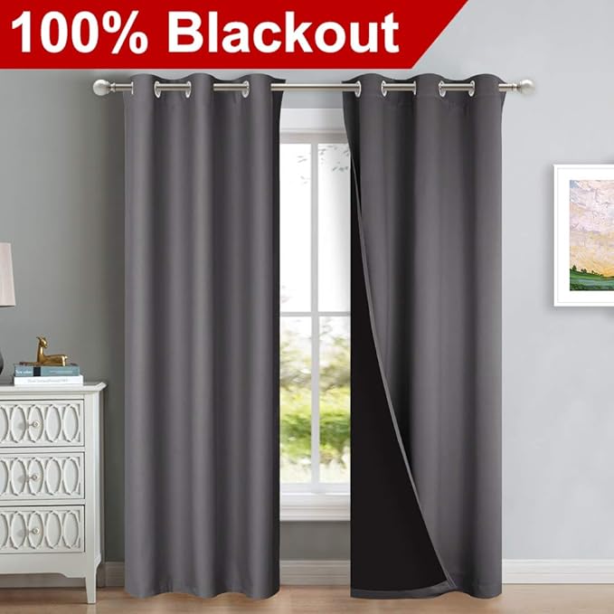 NICETOWN Room Warming Blackout Curtains 80 inches Long, Full Light Blocking Drapes with Black Liner for Nursery, Thermal Insulated Draperies for Hall, Villa (Grey, 2 Pieces, 42" Wide Each Panel)