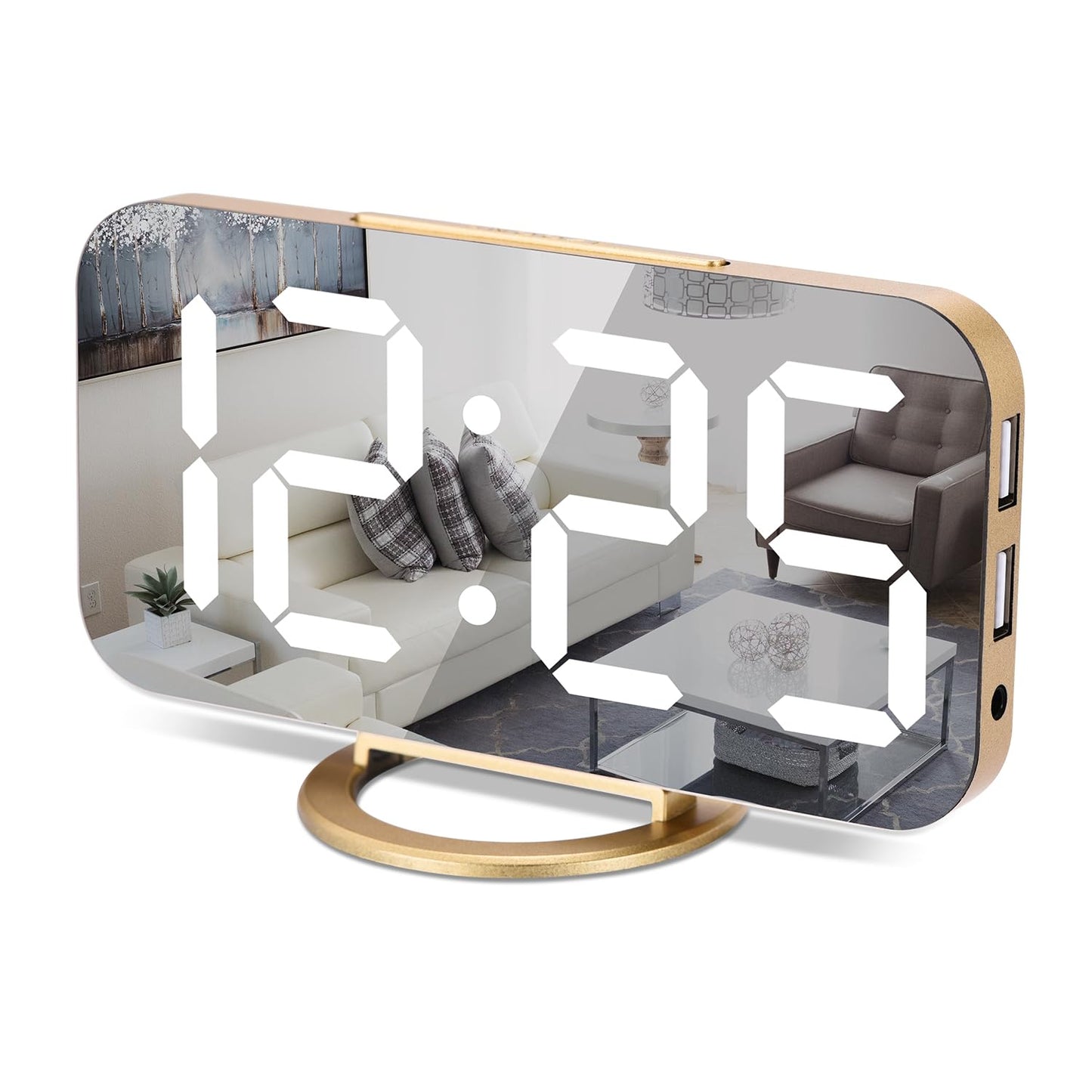 Poeroa Digital Alarm Clock,7 in LED Mirrored Clocks Large Display,with 2 USB Charger Ports,Auto Dim,Night Mode,Modern Desktop Electronic Clocks for Bedroom Home Office Decor - Gold