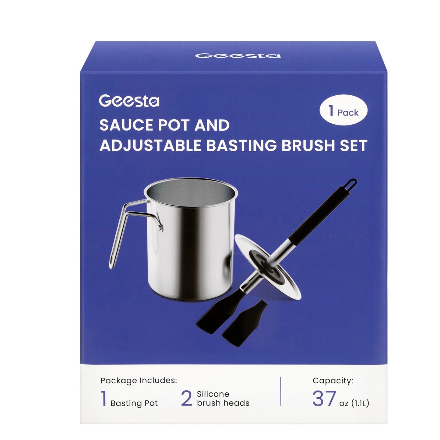 Geesta Adjustable Sauce Pot and Basting Brush Set, Long Stainless Steel Basting Brush for Cooking, Smoking, Fathers Day Grilling Gifts for Men Smoker Accessories, Large Capacity Grilling Tools, 1 Pack