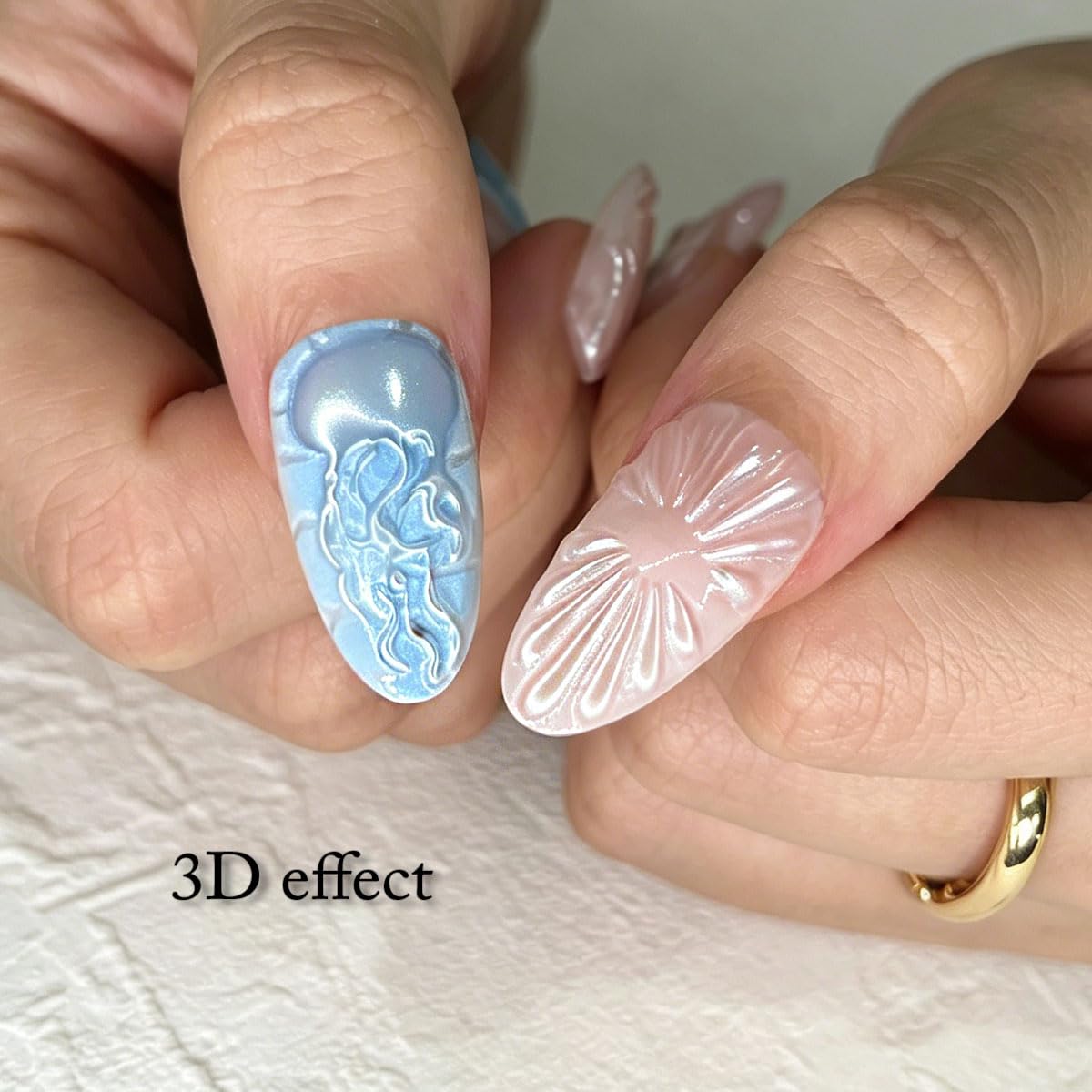 3D Press On Nails Almond Medium Light Blue Fake Nails with Embossed Fan-Shaped Pattern Pearl Embellishment Designs, Acrylic Artificial Nail Press ons False Stick On Nails for Women Girls 30Pcs