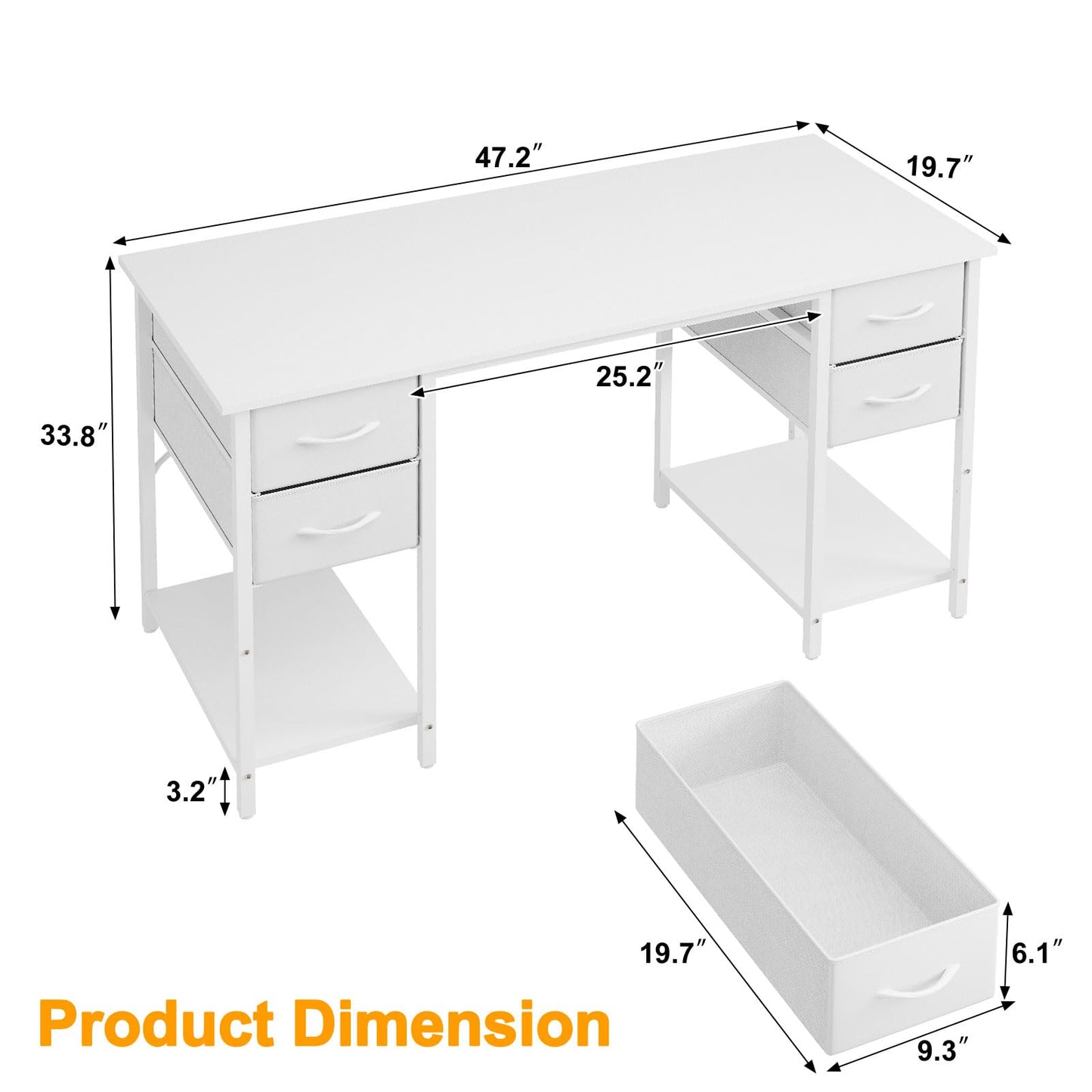 Grandder Computer Desk with 4 Drawers, 47 Inch Office Table with Storage, Gaming with CPU Shelves, Writing Desk Workstation for Home Office, Study, Bedroom, Work from Home, White