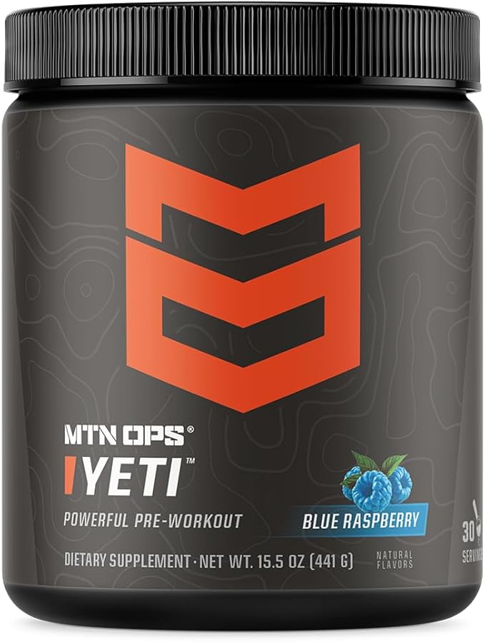MTN OPS Yeti Pre-Workout Powder Energy Drink with Creatine, 200mg Caffeine & BCAAs with Beta Alanine, 30-Serving Tub, Blue Raspberry