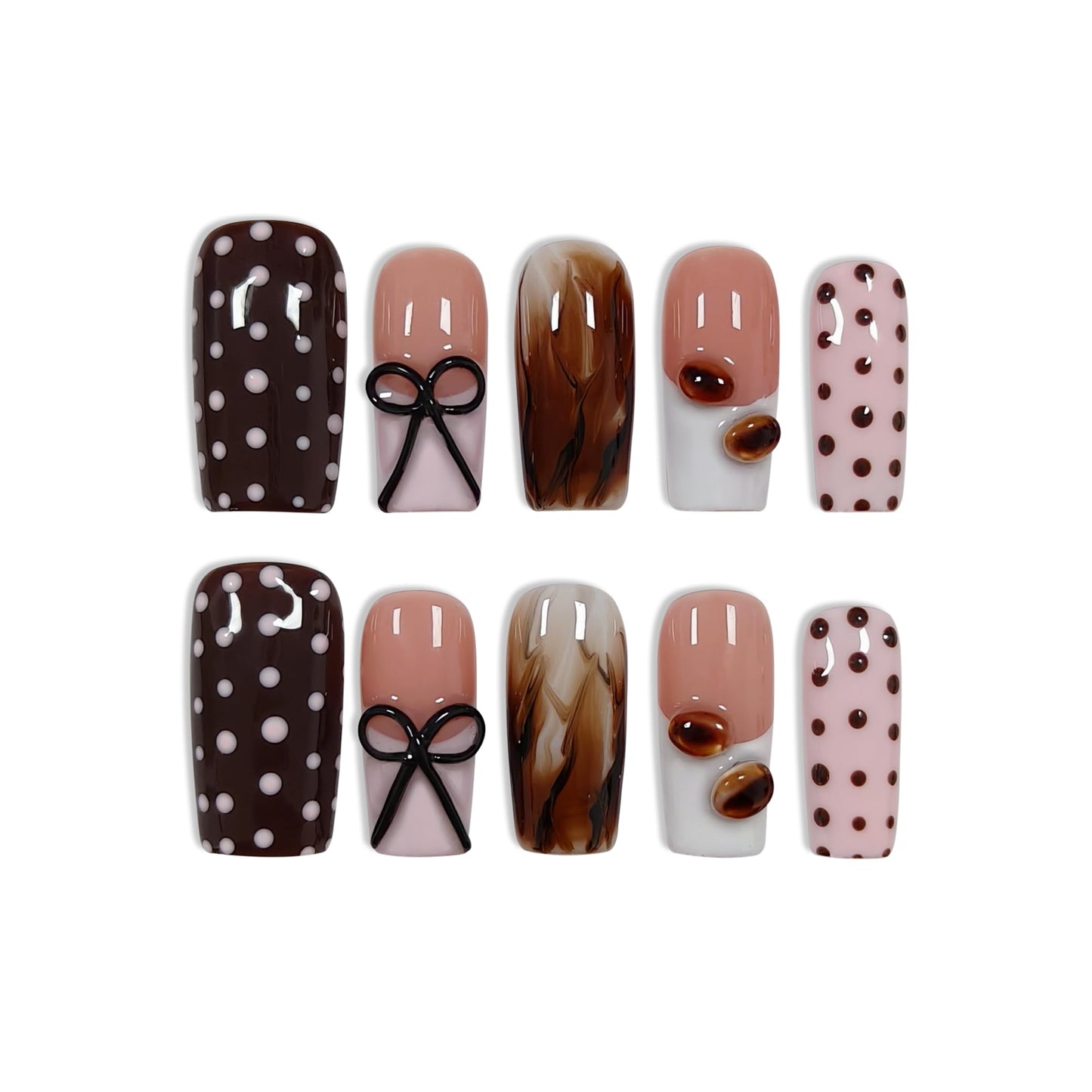 TENPAL Pink Coffee French Tip Press on Nails Medium Square, Polka Dot Ombre 3D Coffee Bean Cute Sweet Girly Reusable Salon False Nails for Daily Wear 10PCS(M)