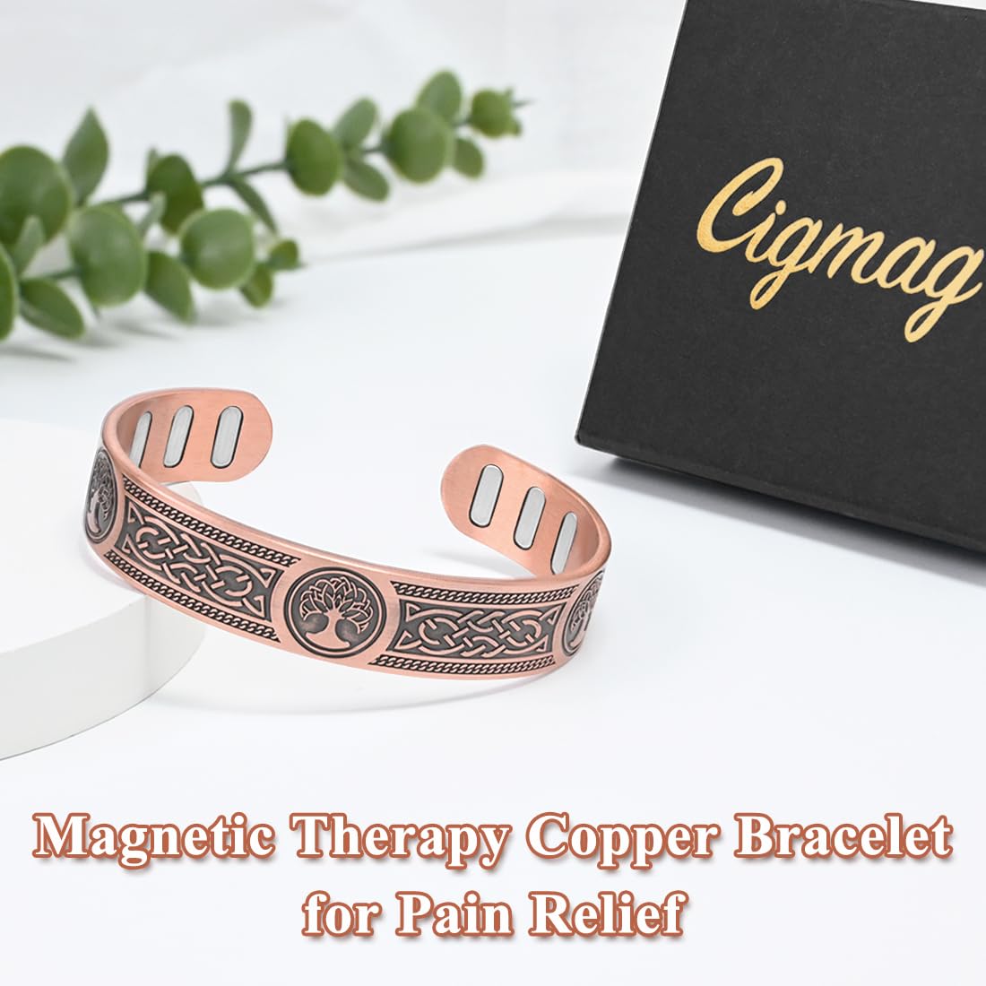 Cigmag Copper Bracelet for Men, with Powerful 9X 5000 Gauss Magnets, Adjustable Solid Pure Copper (Viking Lotus Life Tree)
