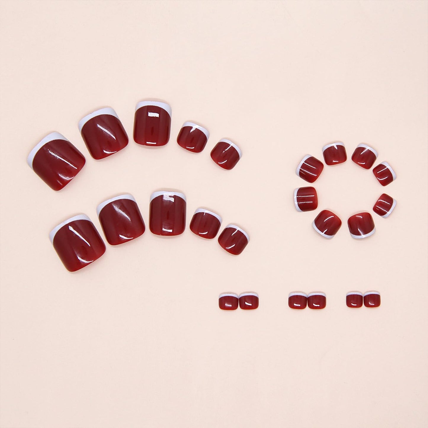 White French Tip Press on Toenails Summer False Toenails Glossy Wine Red Toe Nails Reusable Full Cover Toe Nails for Women
