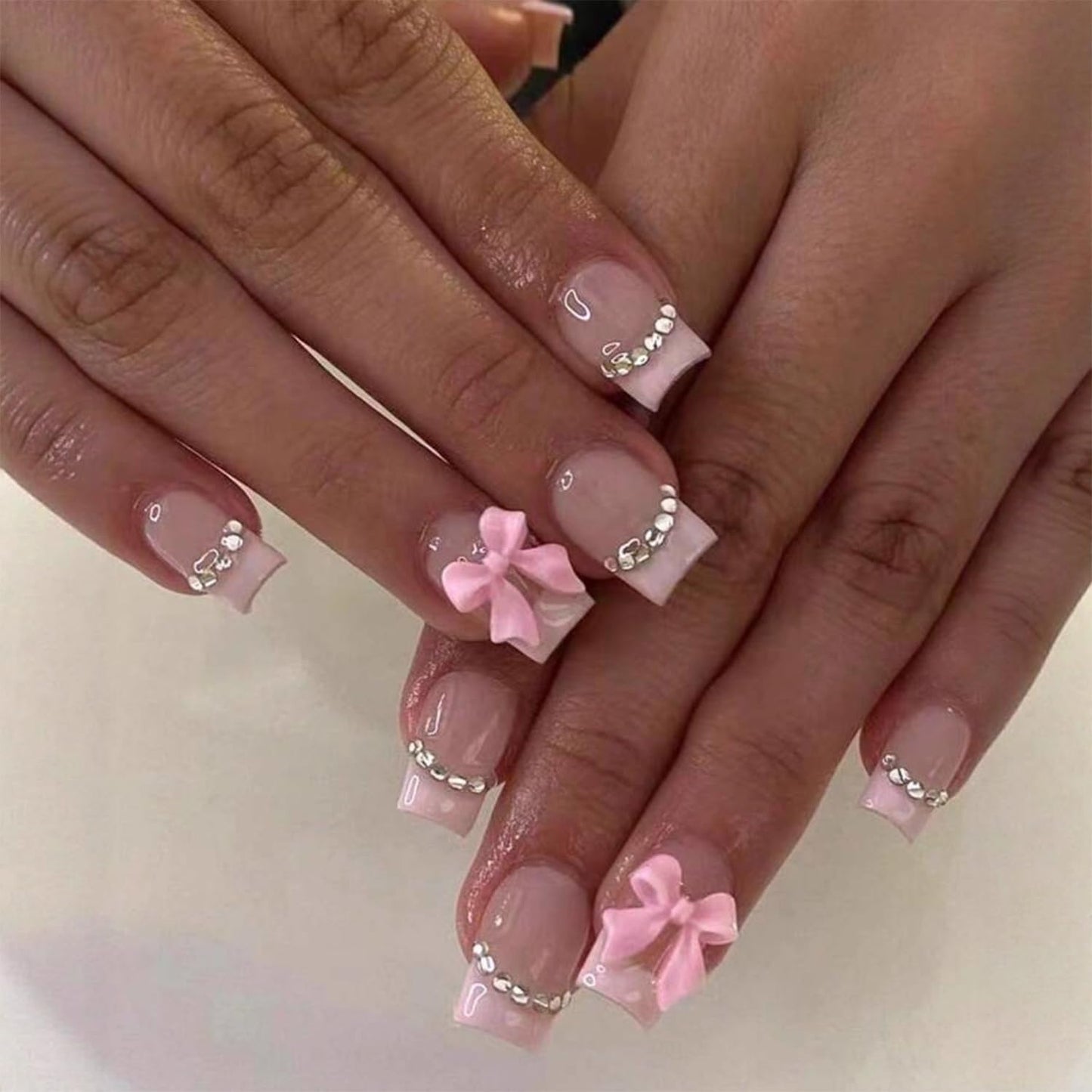 Square Press on Nails Medium Fake Nails with Bow Rhinestone Designs Pink French Tip Nails Press ons Glossy Full Cover Glue on Nails Reusable Artificial Nails for Women Spring Summer Nail Art Decor