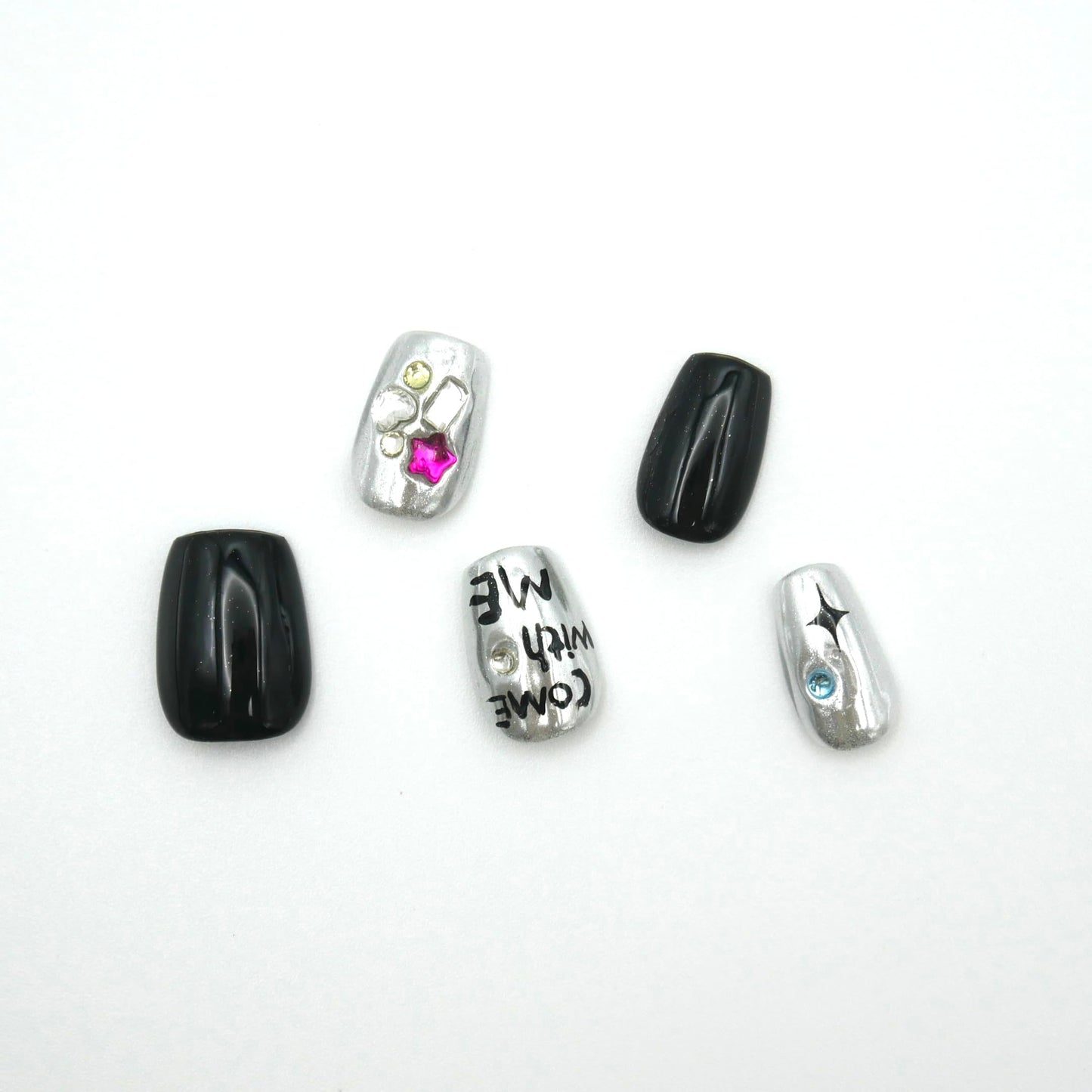 Short Square Press-On Nails, Black and Silver with Rhinestones, Star and Letter Design, 10 Pieces,S-Size