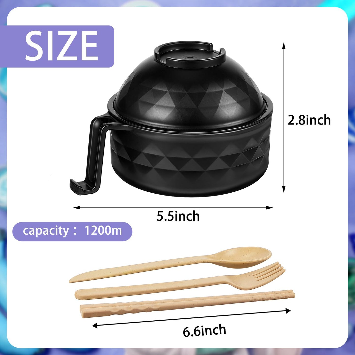 Romooa 2 Sets Microwave Ramen Cooker Bowl Set with Spoon Chopsticks Fork Wheat Fiber Instant Noodle Bowl with Handles Ramen Kit for College Dorm Room Apartment Essentials