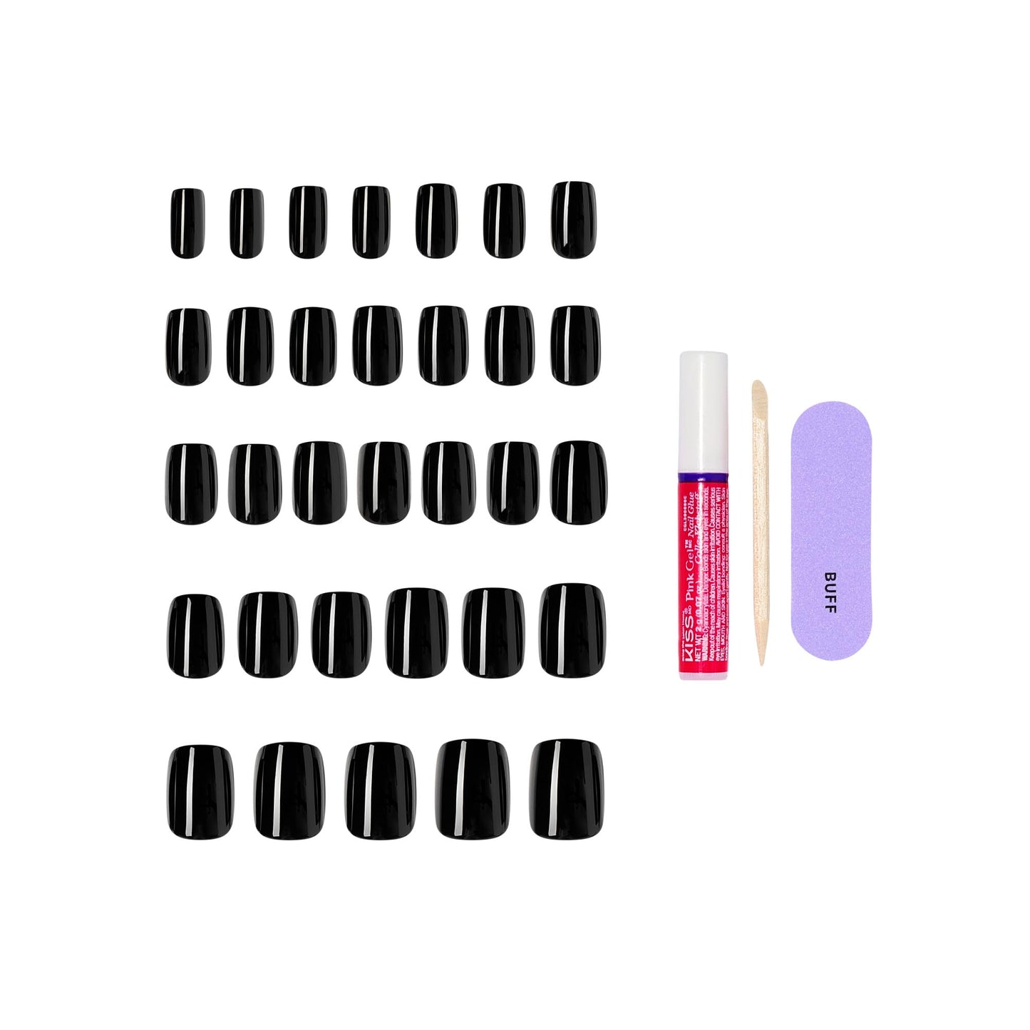 Kiss Core, Press On Nails, Nail glue included, 'Photogenic', Black, Short Size, Squoval Shape, Includes 32 Nails, 2g Glue, 1 Manicure Stick, 1 Mini File