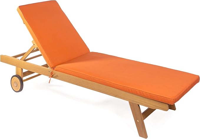 JONATHAN Y LNG1000C Mallorca 77.56"x23.62" Modern Classic Adjustable Acacia Wood Chaise Outdoor Lounge Chair with Cushion & Wheels Coastal, Bohemian, Minimalist, Traditional, Orange/Natural