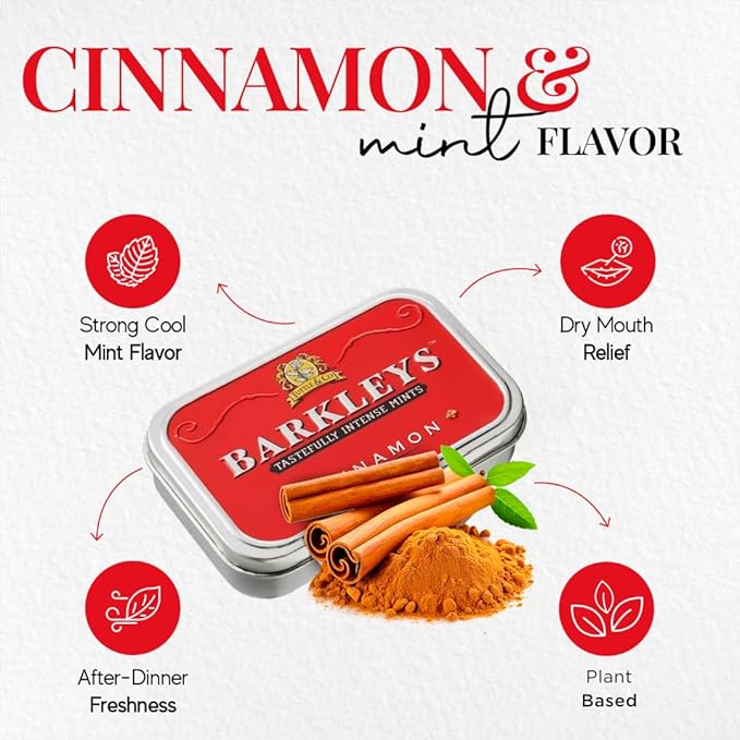 Barkleys Cinnamon Breath Mints -Strong Cool Cinnamon Candy, Breath Freshener, After Dinner Mints In Reusable Classic Travel Tins, Vegan, 6 Pack - 50 Count Each