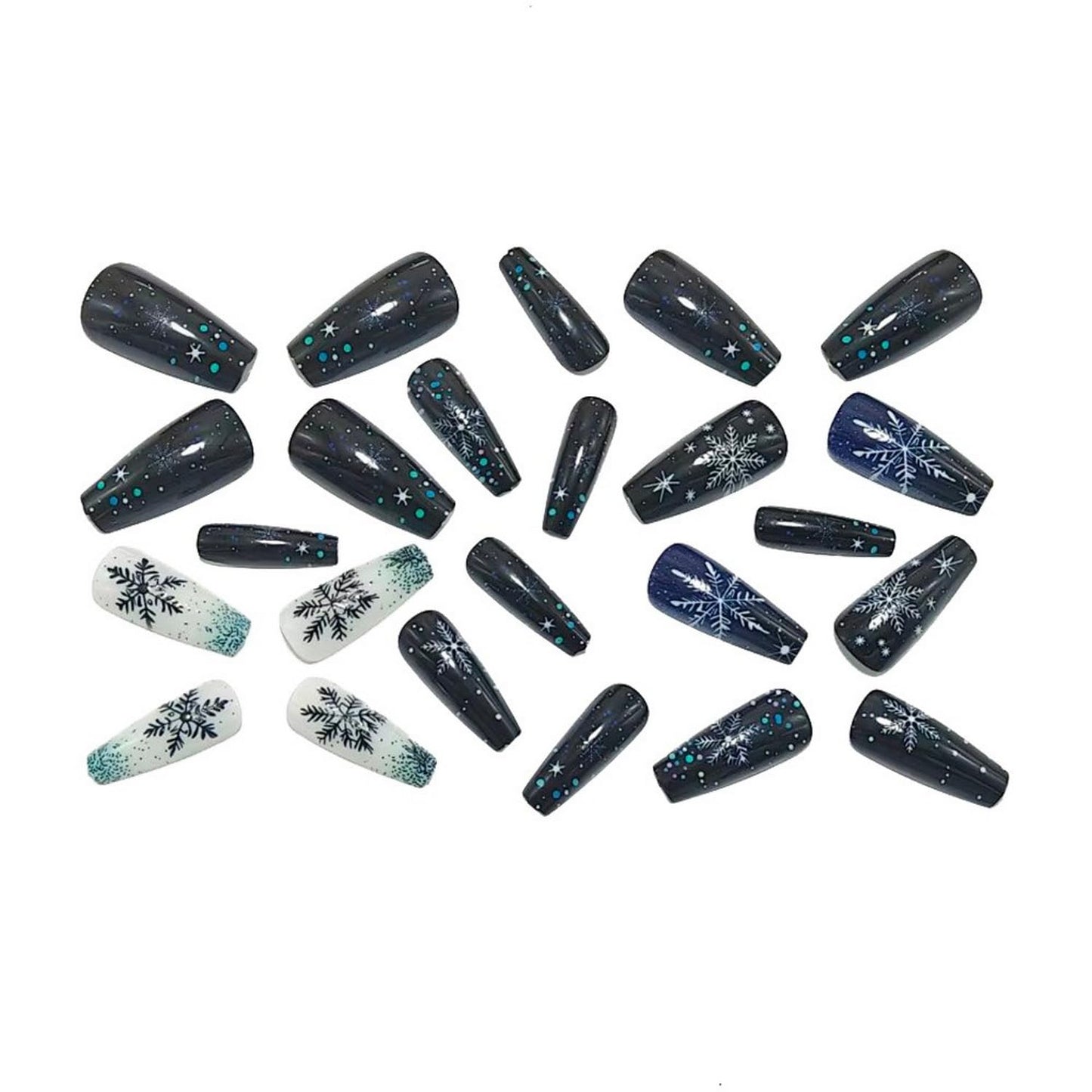 24 Pcs Christmas Press on Nails Medium Square Fake Nails Black Blue White Gradient Glitter Snowflake False Nails Full Cover Snowflake Stick on Nails Sparkly Acrylic for Women