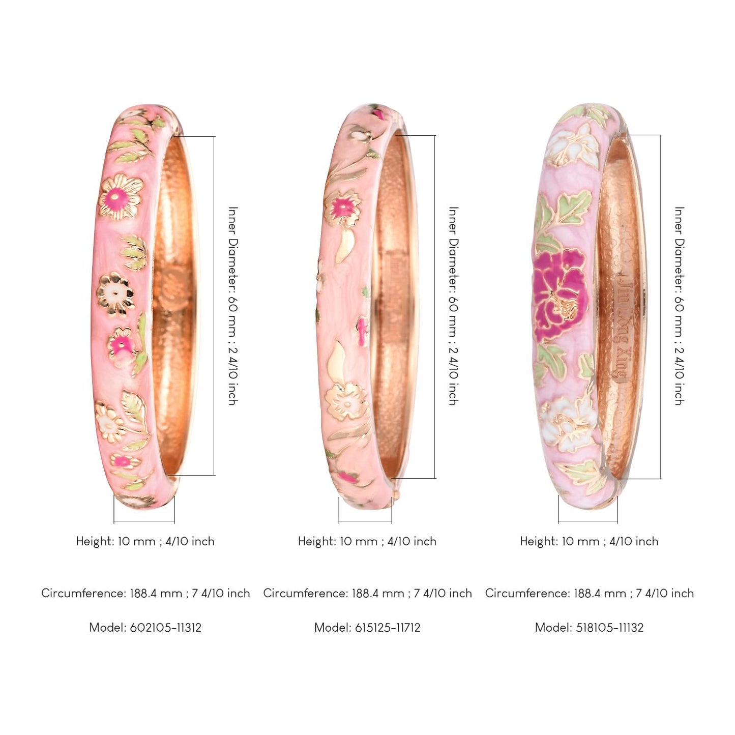 UJOY Womens Enameled Cloisonne Bracelet Gold Plated Flower Enameled Hinged Cuff Bangles Jewelry Gift 55A-3PCS Pink