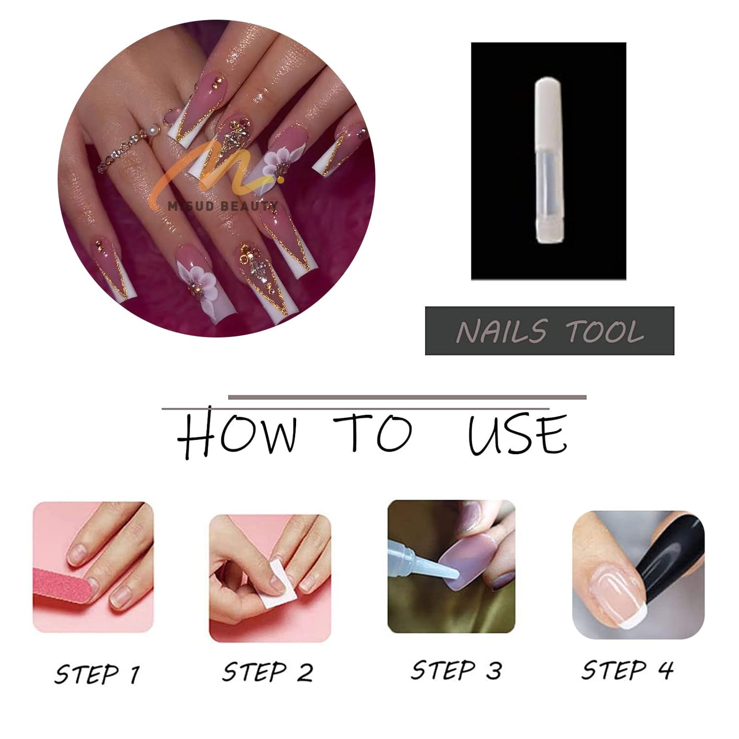 MISUD Press on Nails - Long Square Fake Nails with White French Tip, Acrylic Bling Gold Glitter Rhinestone Design 24 pcs