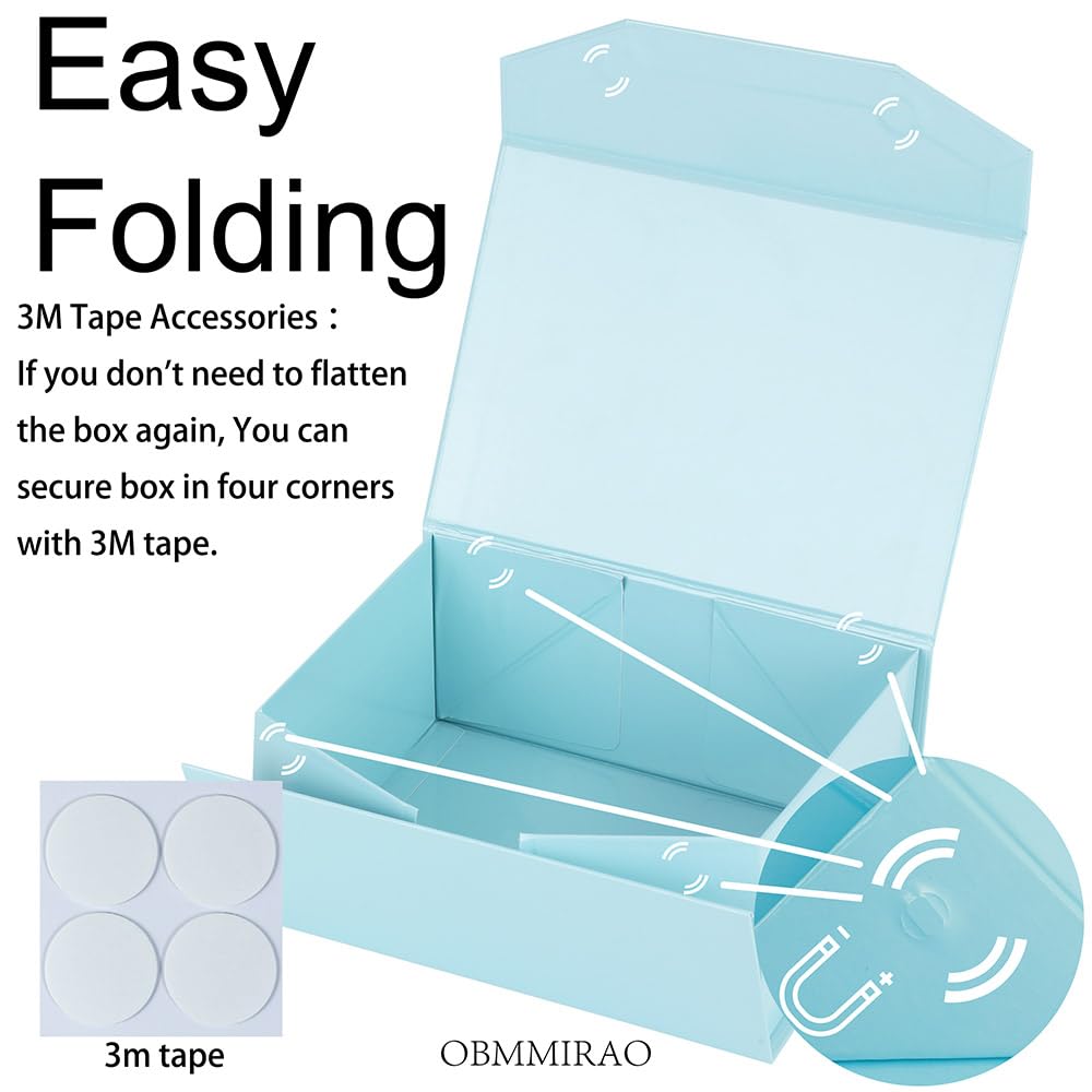 OBMMIRAO Upgrade 3PCS Blue Gift Box 9.5x7x4 Inches, Sturdy With Lid for Packaging, Foldable Magnetic Closure Storage, Bridesmaid Proposal, Rectangle Collapsible