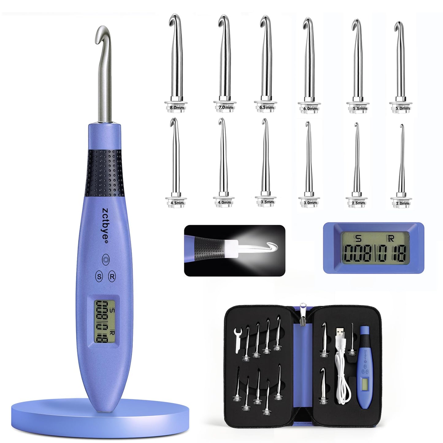 Light Up Crochet Hook Set Lighted Crochet Hook Set with 12 Different Size Interchangeable Crochet Needle, Ergonomic with 2 Levels Led and Digital Stitch Counter for Crocheting and Knitting