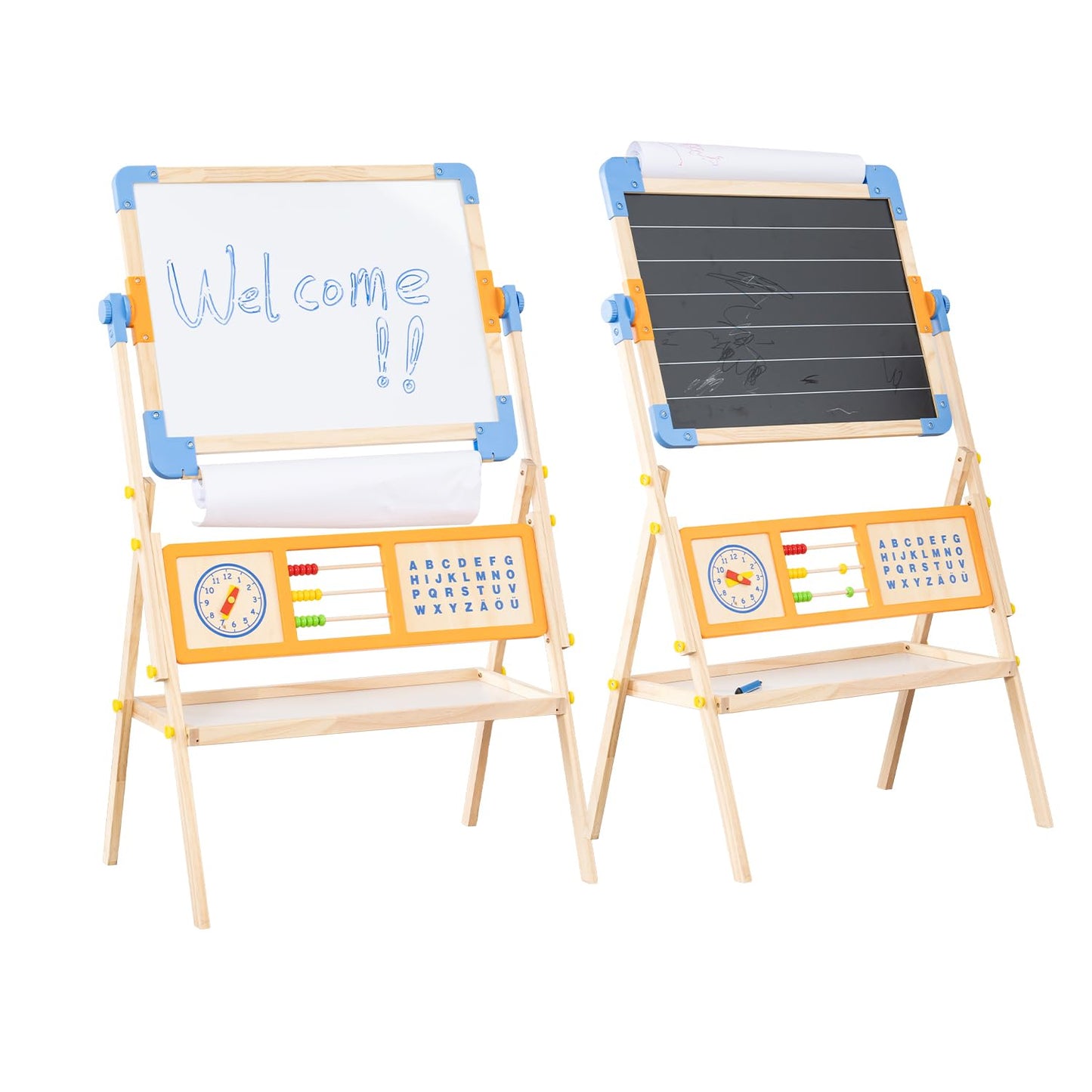 Asweets 3 in 1 Kids Art Easel, Magnetic Whiteboard/Chalkboard with Drawing Paper Roll, Abacus/Clock/Alphabet Chart - Educational Toy for Toddlers Preschoolers (3-8)