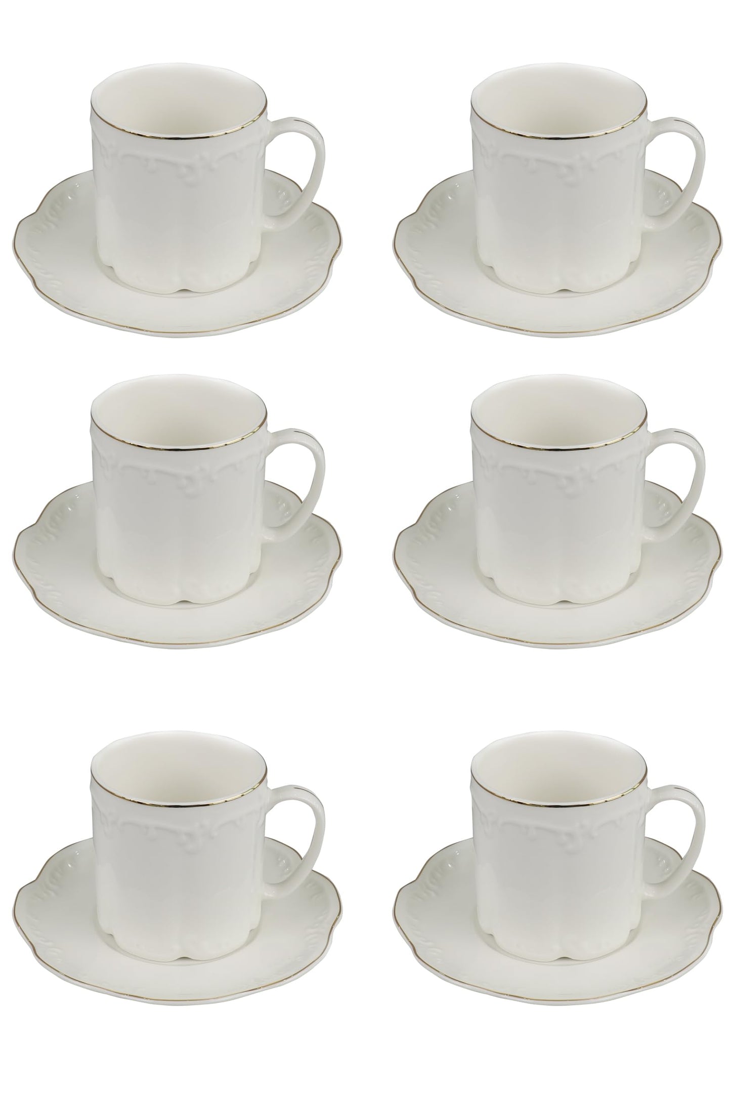 GuangYang 7oz Fine Porcelain Tea Cups and Saucers Set with Gold Trim – Elegant White Embossed Coffee & Tea Cup Set for Afternoon Tea, Cappuccino, Latte, Wedding or Gift