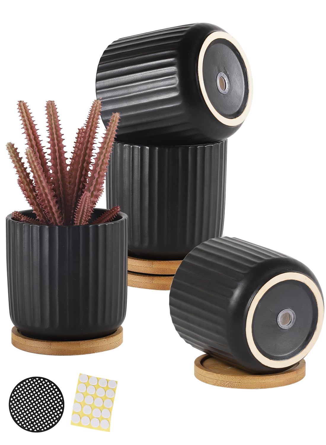 OMAYKEY 4 Inch Ceramic Plant Pot with Saucer, Small Planters Pots with Drainage Hole and Mesh Pads for Succulent, Cactus, Herbs, Stripe Pure Black