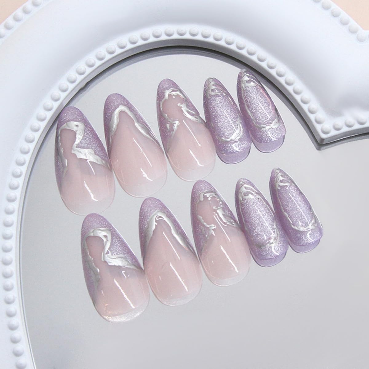 Purple French Tip Press on Nails Medium Almond, 3D Silver Irregular Border Fake Nails with Glue, Glitter Stick on Nails Full Cover Nude Glossy False Nails for Women DIY Manicure Decoration, 24PCS