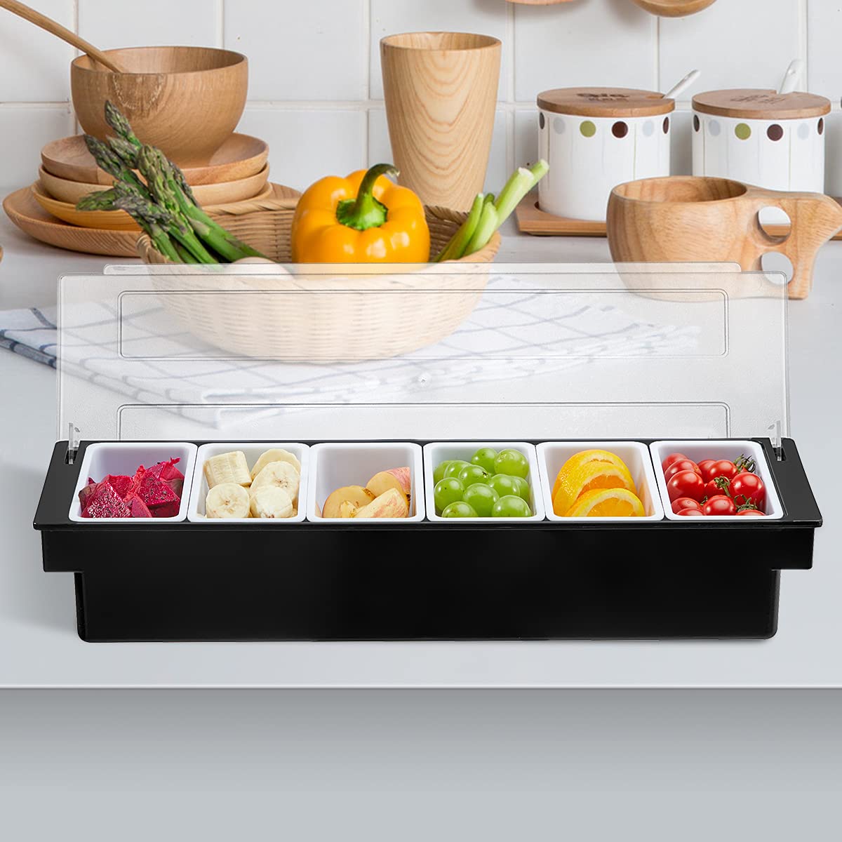 BEYLANG Ice Chilled Serving Tray Condiment Pots 6 Compartment Condiment Server Caddy (6 Compartments)