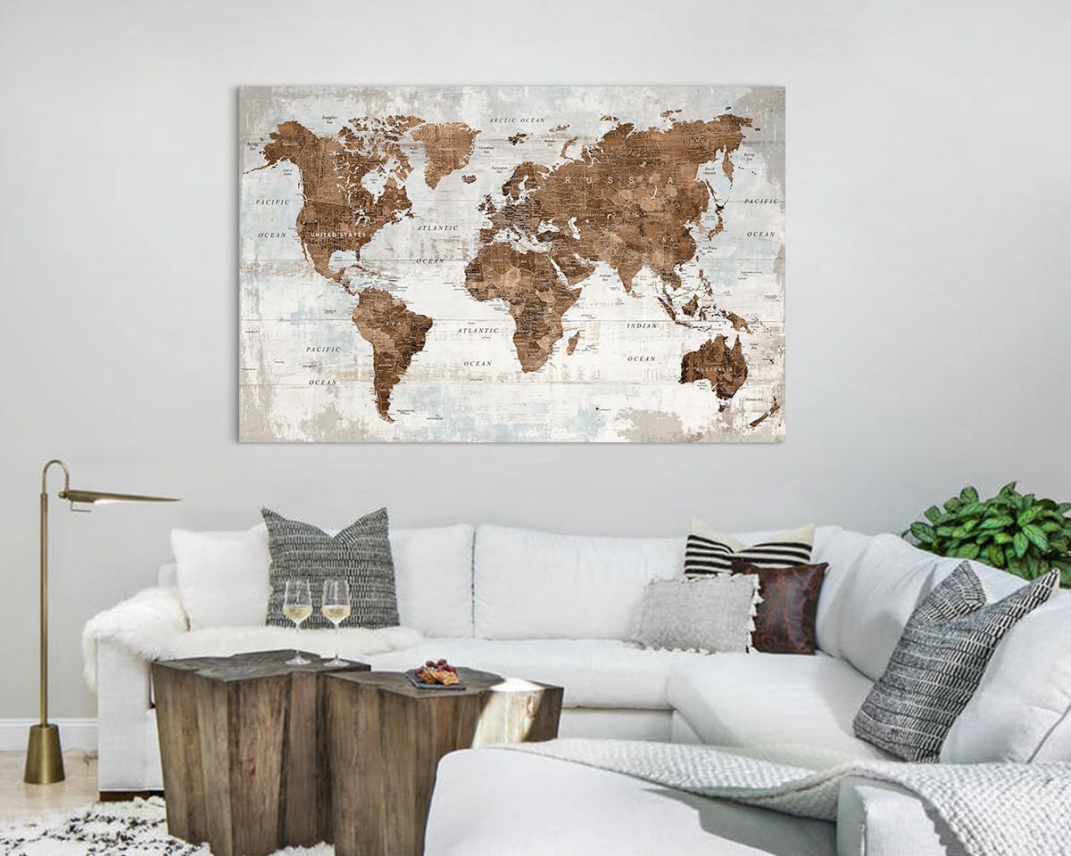 Large Wall Art Vintage Brown World Map Canvas Pictures for Men Home Office Bedroom Wall Decor for Living Room Oversize Artwork