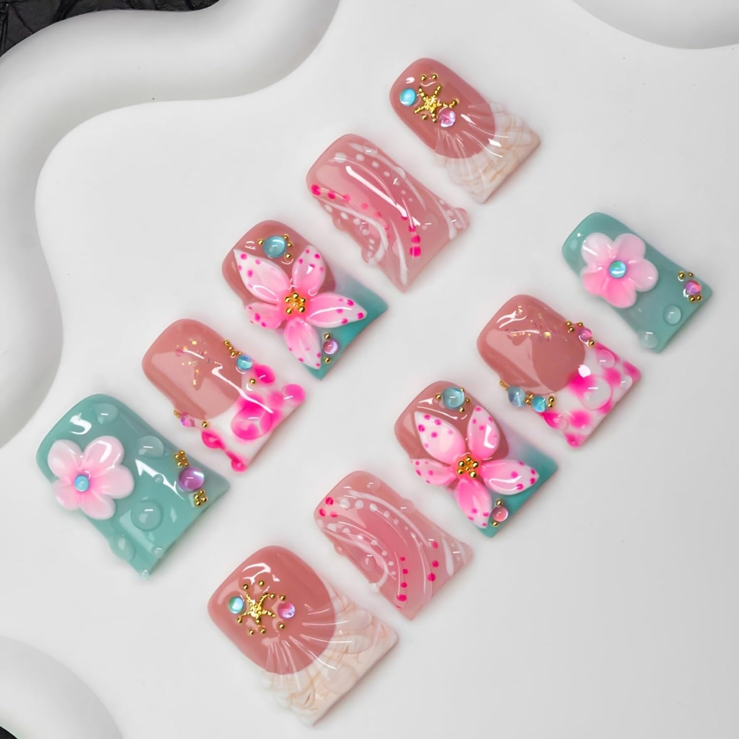 10 Pcs Handmade Press on Nails Duckbill Shape 3D Luxury Flower Acrylic Nails Summer Handmade Starfish Water Droplet Designs Short Fake Nails Thickened False Nail for Women (S)