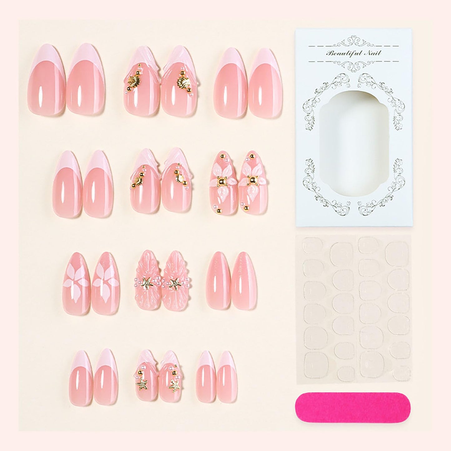 RUOKEXIN Almond Press on Nails Medium Fake Nails French Tip False Nails with 3D Flower Shell Designs Beach Nail Press ons Spring Summer Artificial Nails for Women 24Pcs