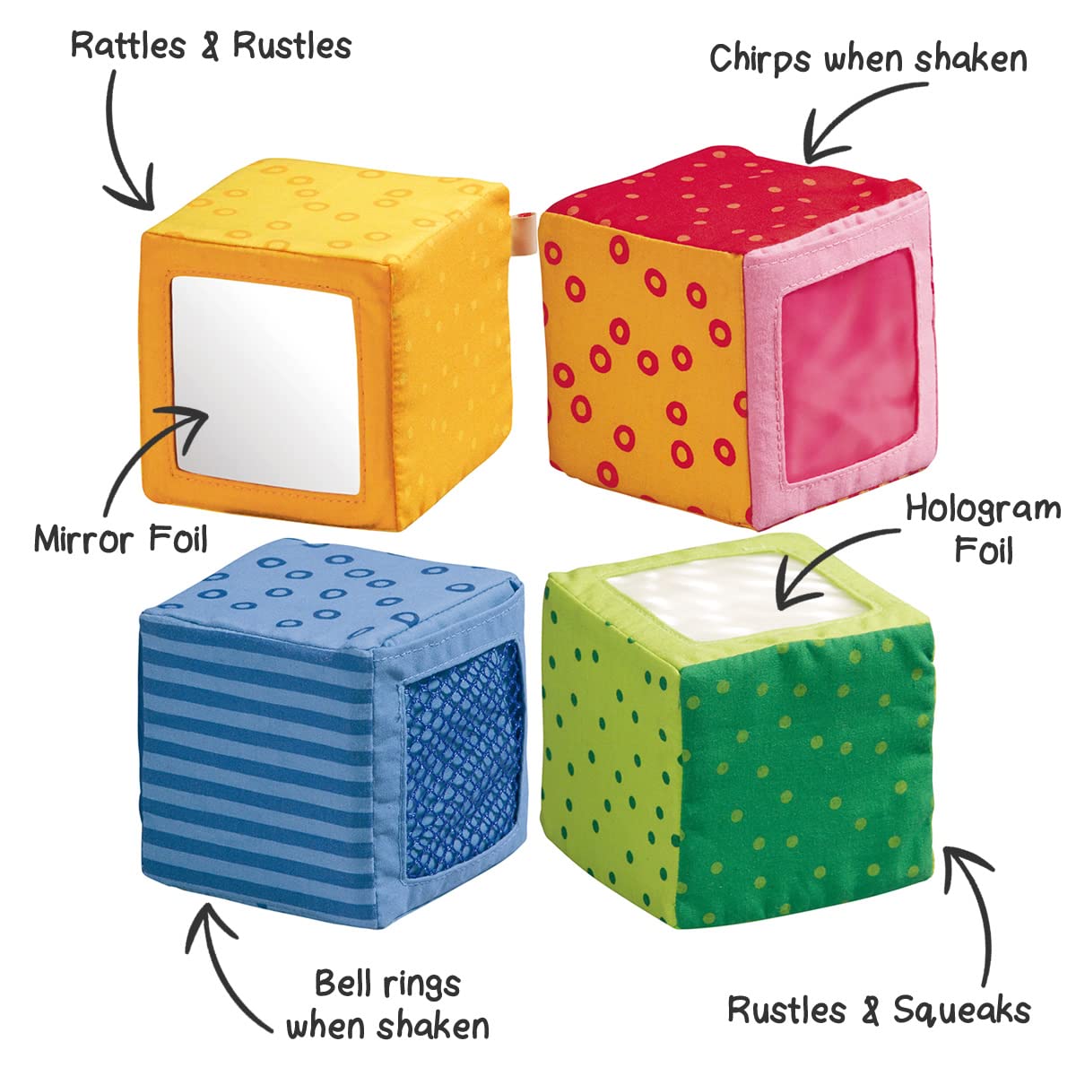 HABA Soft Blocks for Babies 6-24 Months, Happy Quartett Sensory Toy Features a Unique Sound & Texture in All 4 Baby Blocks