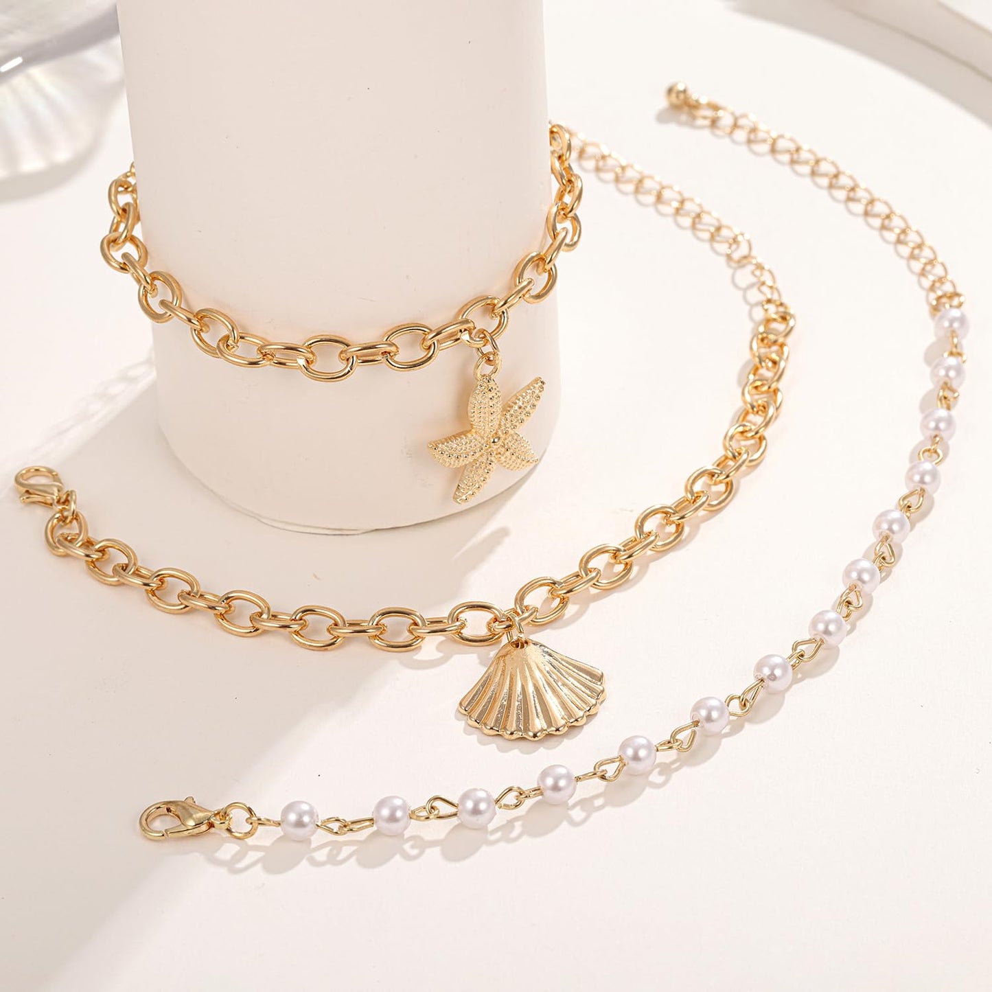 Conch Seashell Starfish Bracelet for Women Conch Shell Summer Pearl Beach 14k Gold Layered Dainty Bracelet