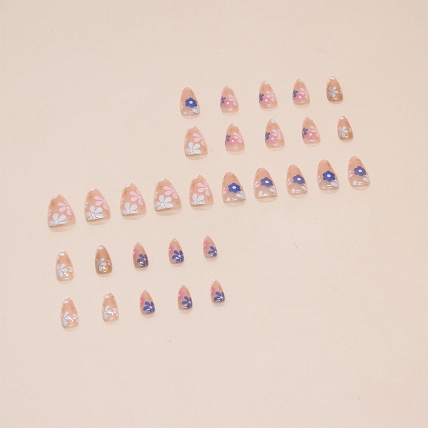 Flower Press on Nails Medium Almond Fake Nails Pink False Nails Press ons with Design Floral Glue on Nails Glossy Full Cover Acrylic Stick on Nail for Women Manicure 24Pcs