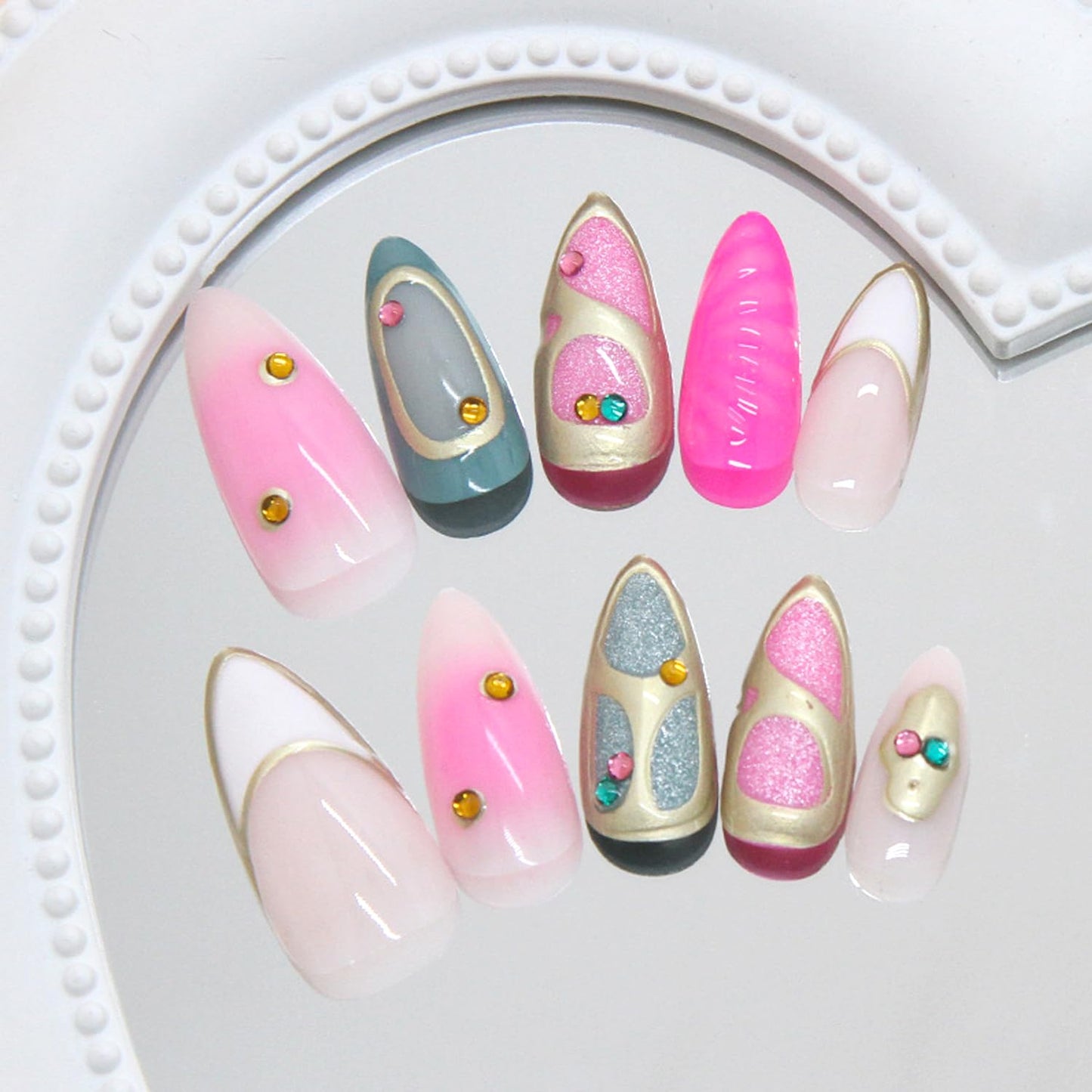 24Pcs White French Tip Press on Nails Medium Almond Fake Nails with 3D Sparkly Rhinestone Designs Chrome Gold False Nails Pink Smudge Full Cover Gilded Lines Glossy Artificial Stick on Nails for Women